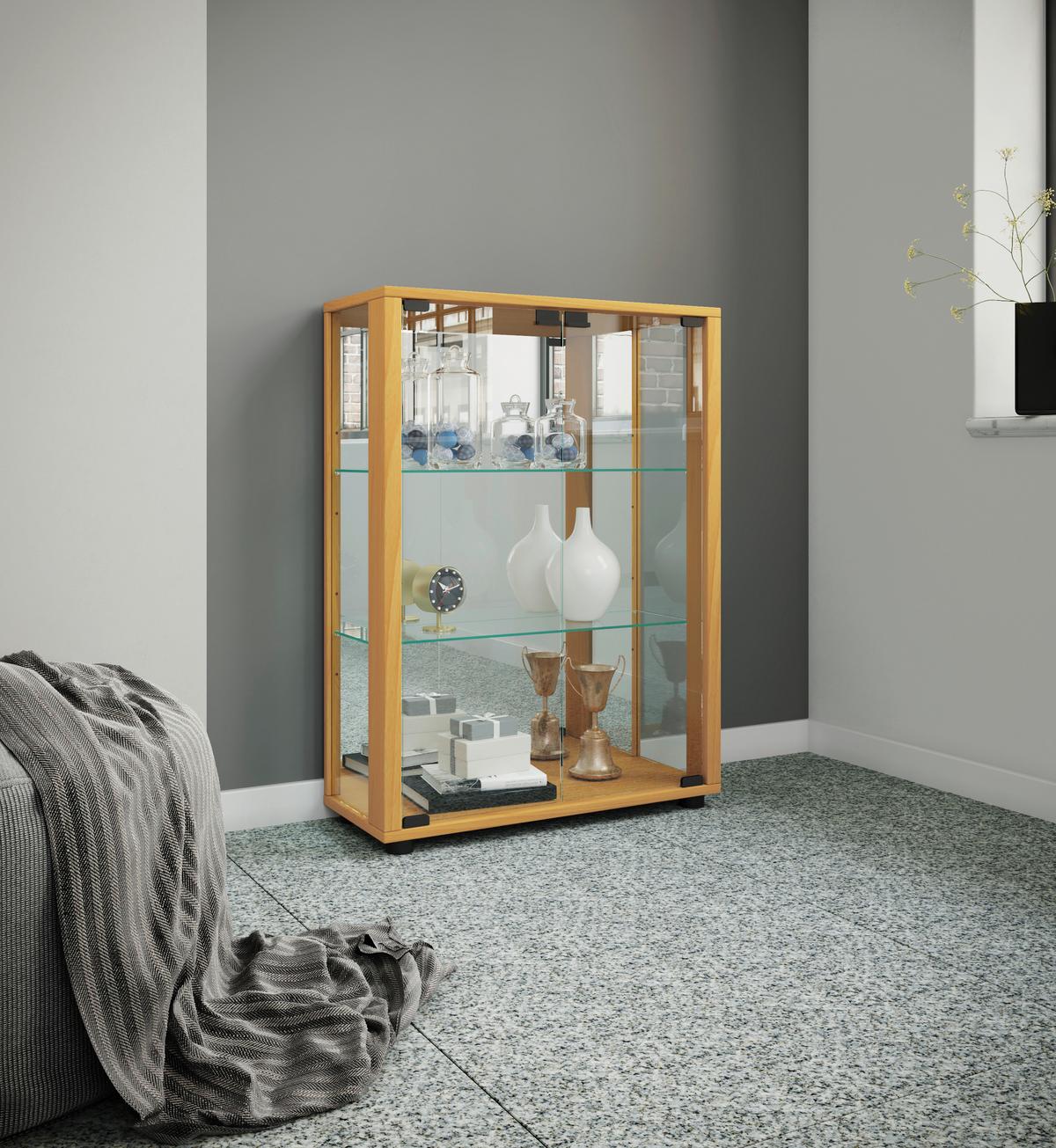 Vitrine Sintalo m. LED ca. 60x80 cm Buche - Buchefarben/Schwarz, MODERN, Glas/Holzwerkstoff (60/80/25cm) - MID.YOU