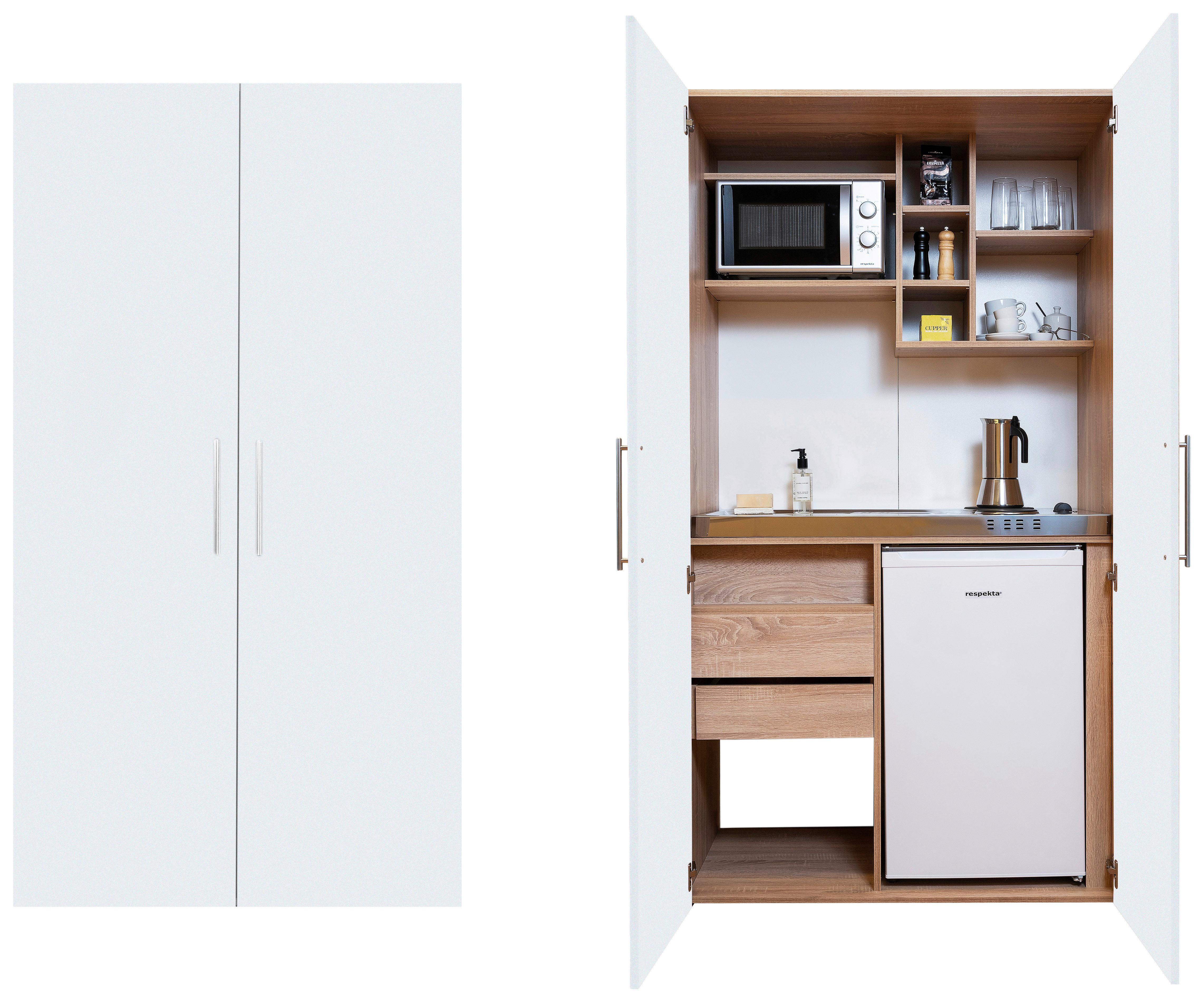 Schrankküche Weiß Kühlschrank + Kochfeld B: ca. 104 cm - Edelstahlfarben/Eichefarben, KONVENTIONELL, Holzwerkstoff/Metall (104/193/67cm) - Respekta