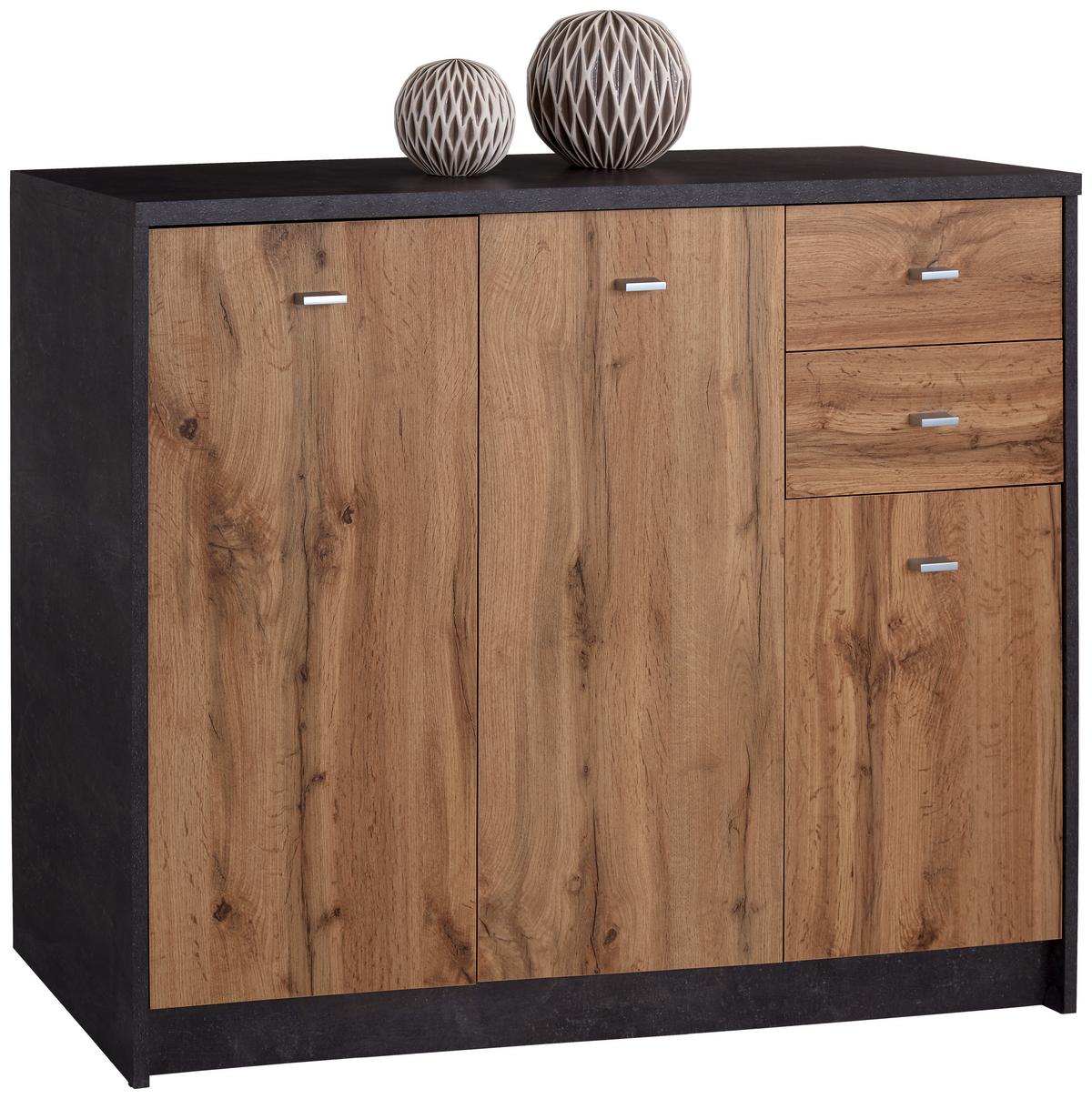 Komód 3 Ajtó 2 Fiók 4-You - tölgyfa színű/szürke, Modern, faalapú anyag (109,1/85,4/34,6cm)