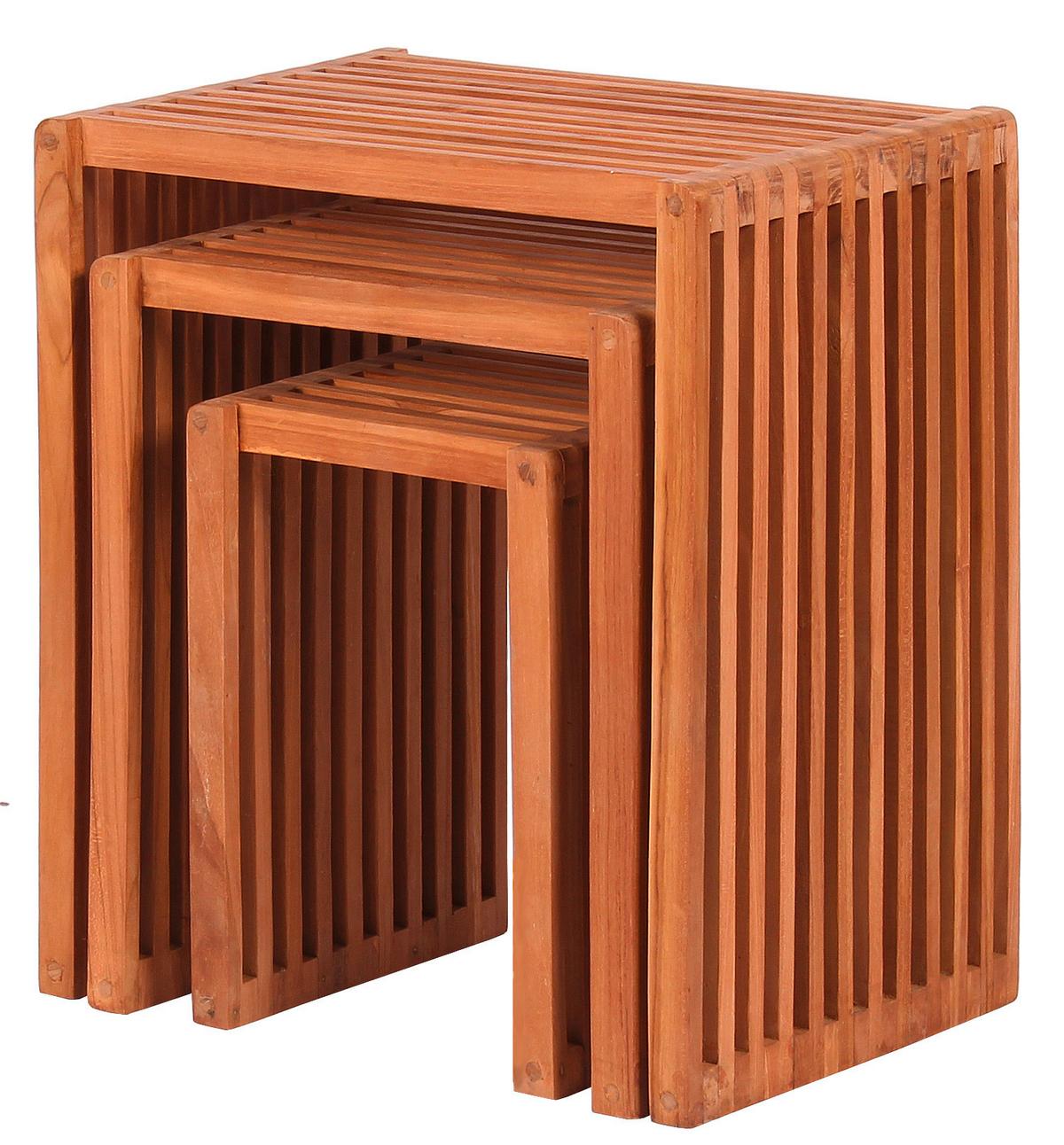 Garten-Beistelltischset Woodie 3er-Set Teak massiv - Teakfarben, Basics, Holz - Gardenson