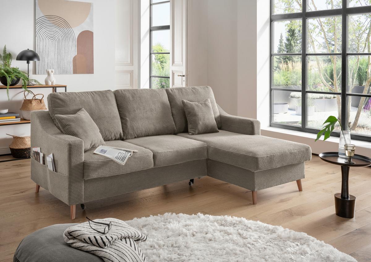 Ecksofa Valentina Cord ca. 228x150 cm Graubraun - Graubraun/Naturfarben, Design, Holz/Textil (228/150cm) - P & B