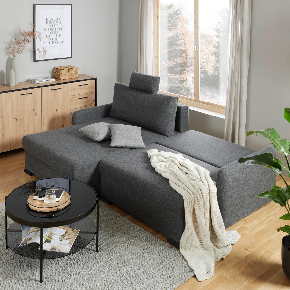 Sedežna Garnitura Lyon C, Temno Siva, Ležišče, Predal - temno siva/črna, Moderno, umetna masa/tekstil (242/102/167cm) - Mömax
