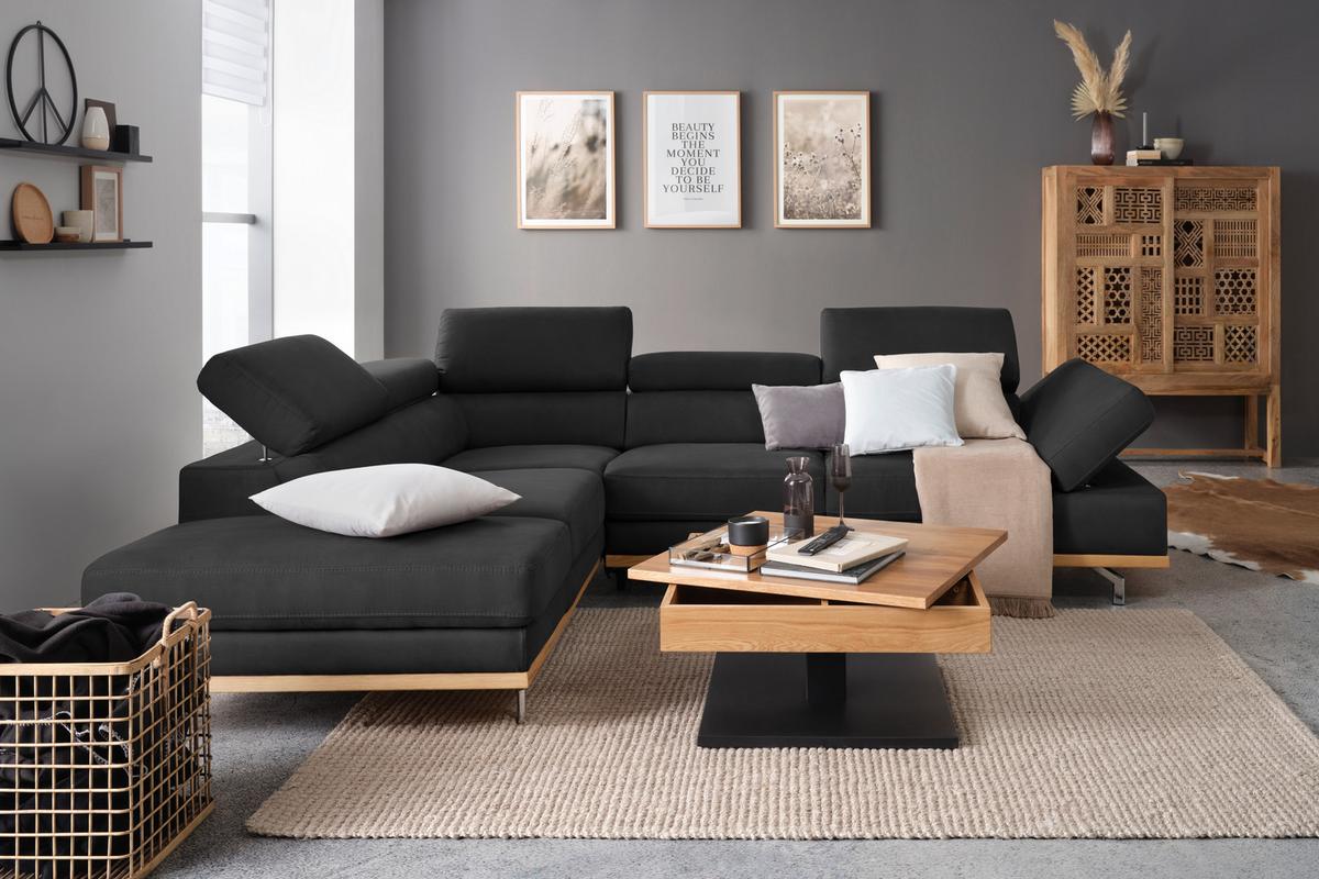 Wohnlandschaft Carmen in Schwarz mit Bettfunktion - Chromfarben/Schwarz, KONVENTIONELL, Holz/Textil (226/93/292cm) - Based
