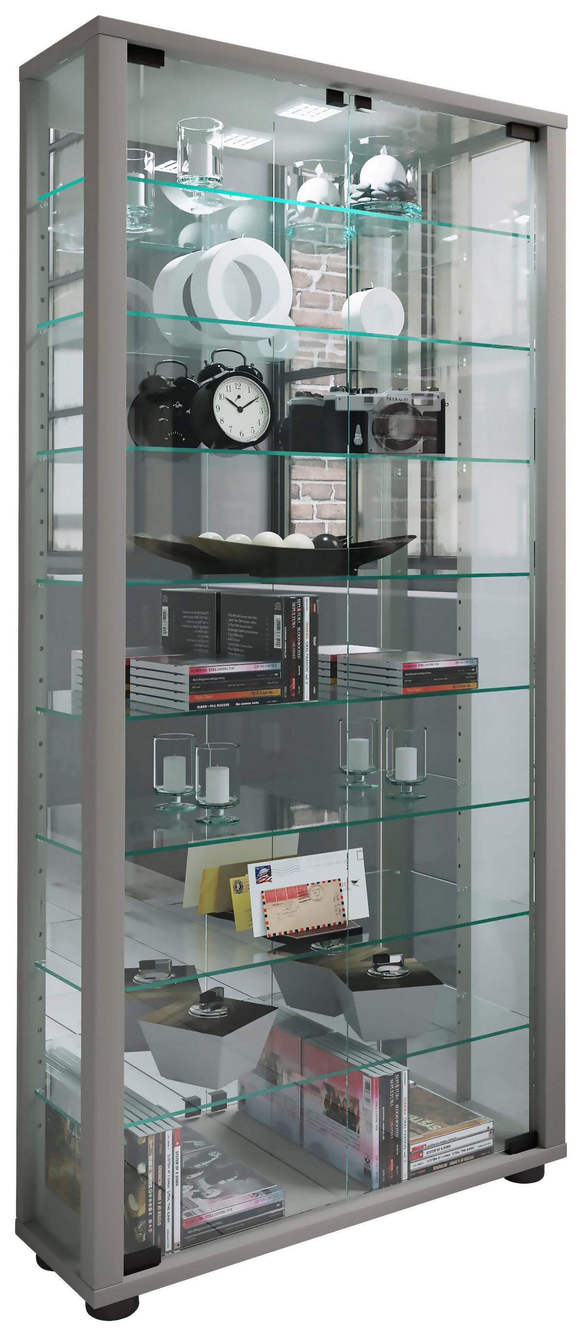Vitrine Lumo mit LED ca. 59x115x18 cm Silber - Silberfarben/Schwarz, MODERN, Glas/Holzwerkstoff (59/114,8/18cm) - MID.YOU