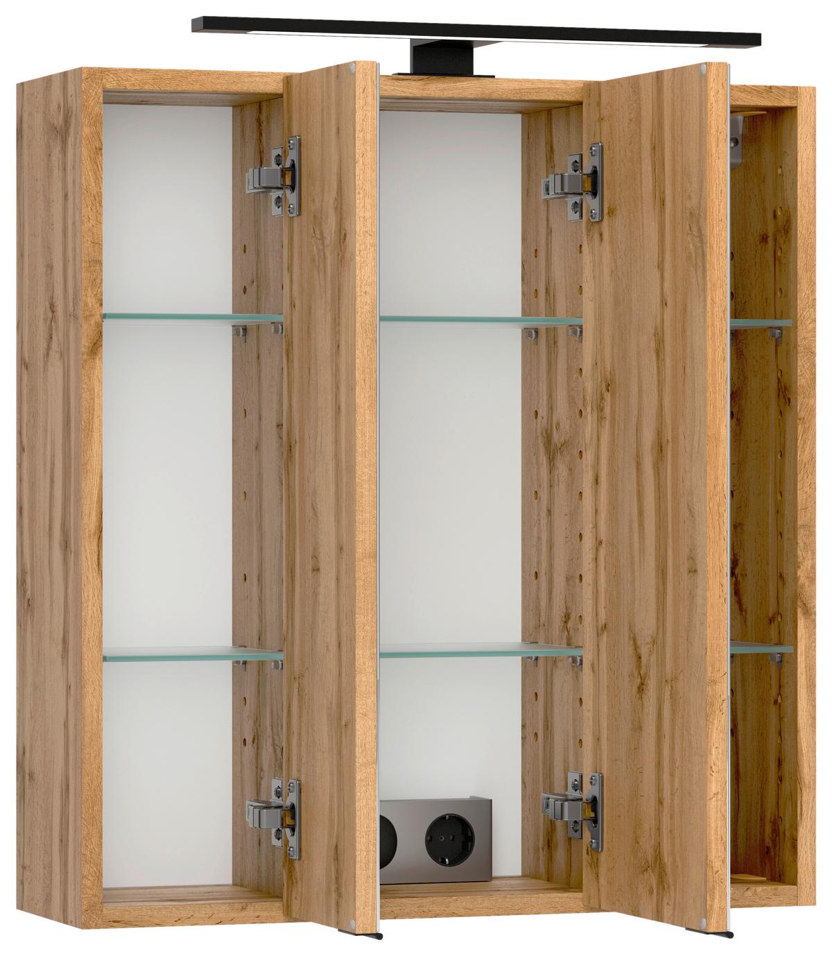 Spiegelschrank Chester mit LED 3-türig ca. 60x68 cm Eiche - Eiche Wotan/Schwarz, MODERN, Glas/Holzwerkstoff (60/67,5/20cm) - Held