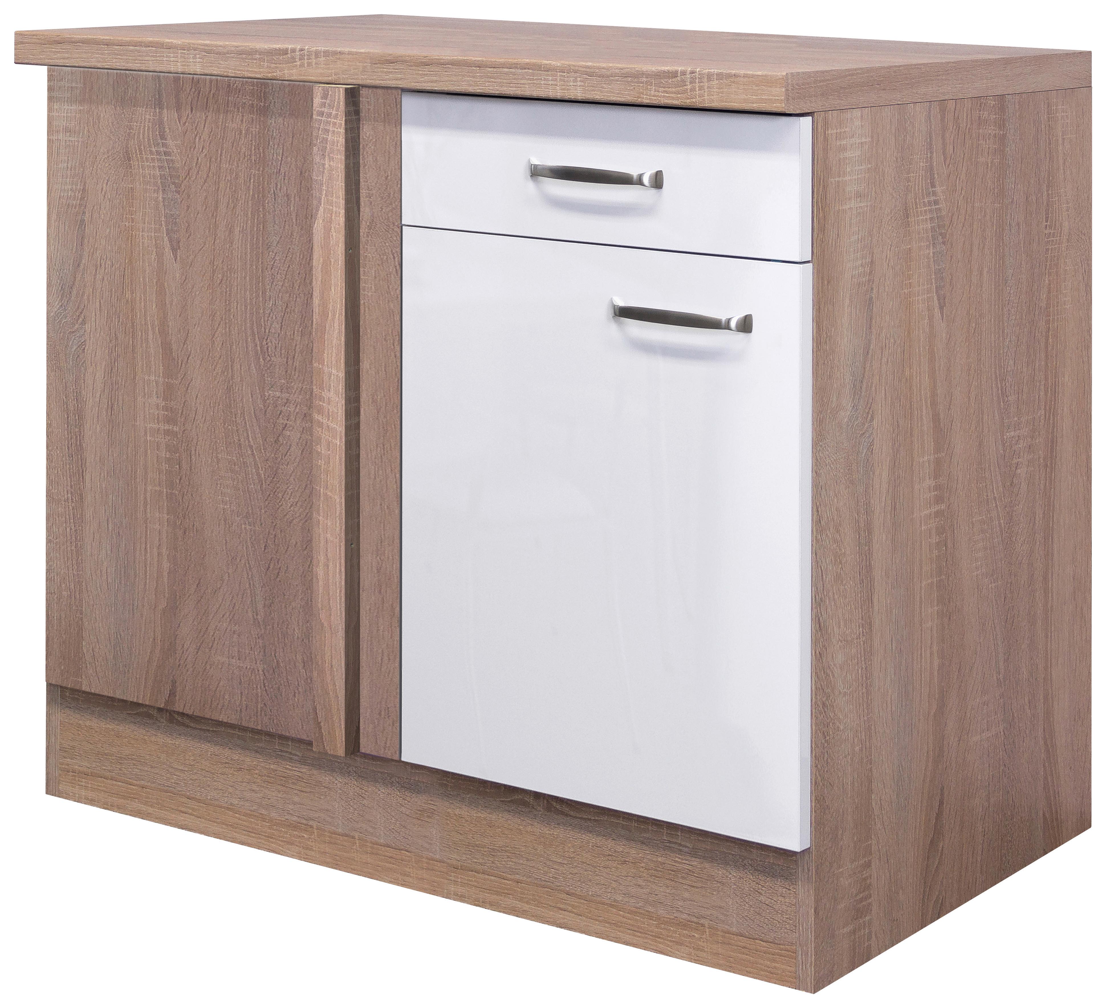 Eckunterschrank Weiß Hochglanz/Eiche - Edelstahlfarben/Weiß Hochglanz, MODERN, Holzwerkstoff/Metall (110/86/60cm) - FlexWell