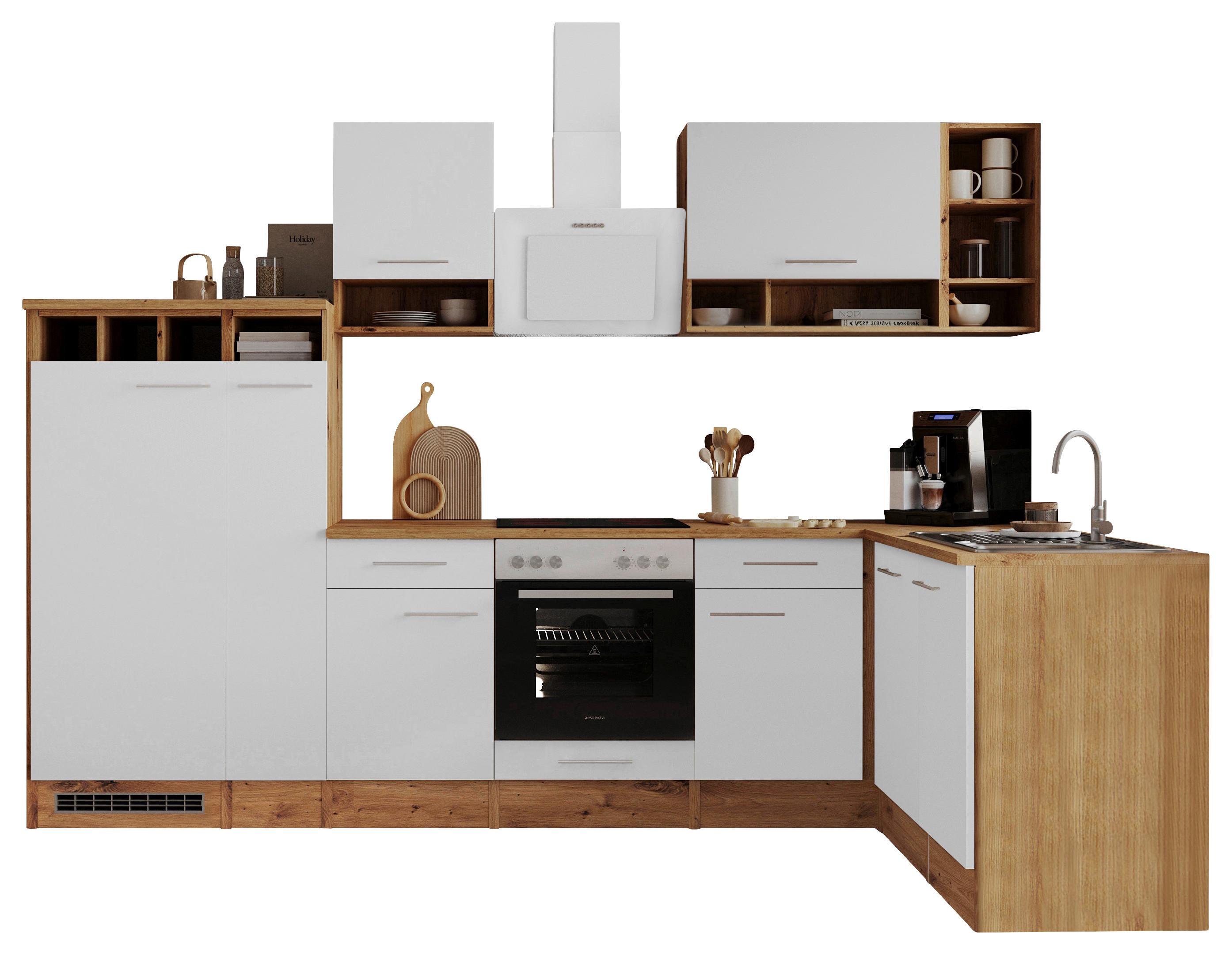 Eckküche Hilde ohne Geräte ca. 310x172 cm Weiß, Wildeiche - Wildeiche/Weiß, Basics, Holzwerkstoff/Metall (310/172cm) - Respekta