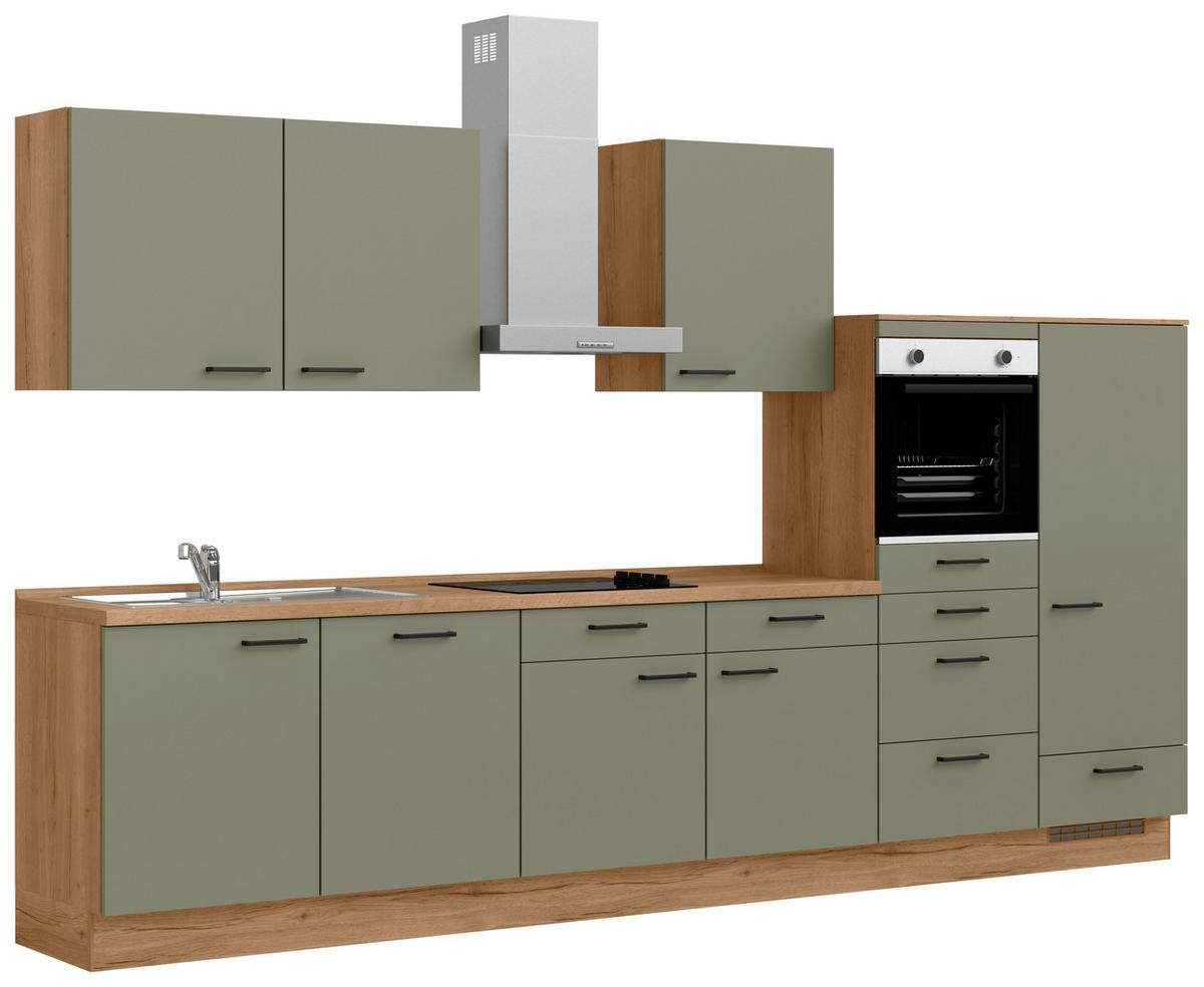 Küchenleerblock Senso Low o. Geräte Olivgrün - Eichefarben/Schwarz, MODERN, Holzwerkstoff/Metall (360cm) - Nobilia