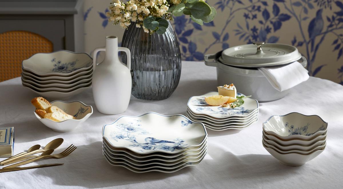 SERWIS OBIADOWO-ŚNIADANIOWY GBSNES24Y4E1891 - niebieski/biały, Basics, ceramika (25cm) - P & B