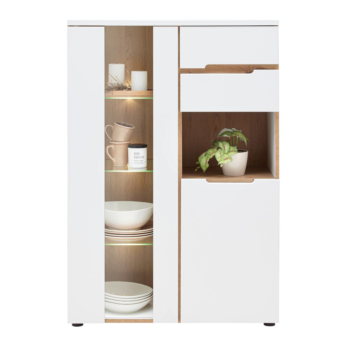 Vitrine Dallas Weiss/Eiche Artisan - Weiss/Schwarz, Modern, Holzwerkstoff (85/127/38cm) - Premium Living
