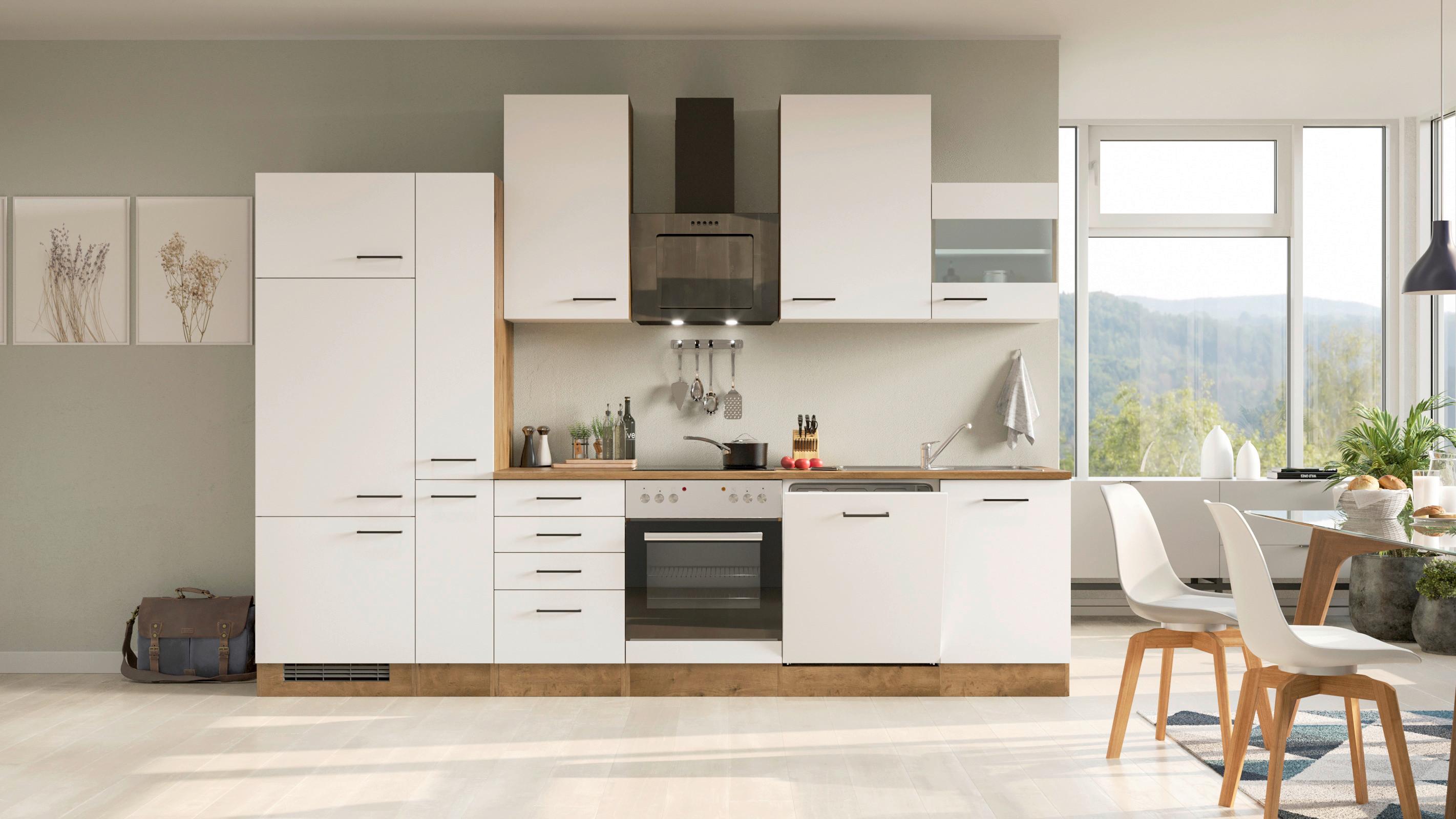 Küchenblock Avila Eichefarben/Magnolie - Eichefarben/Magnolie, MODERN, Holzwerkstoff/Metall (310cm) - FlexWell