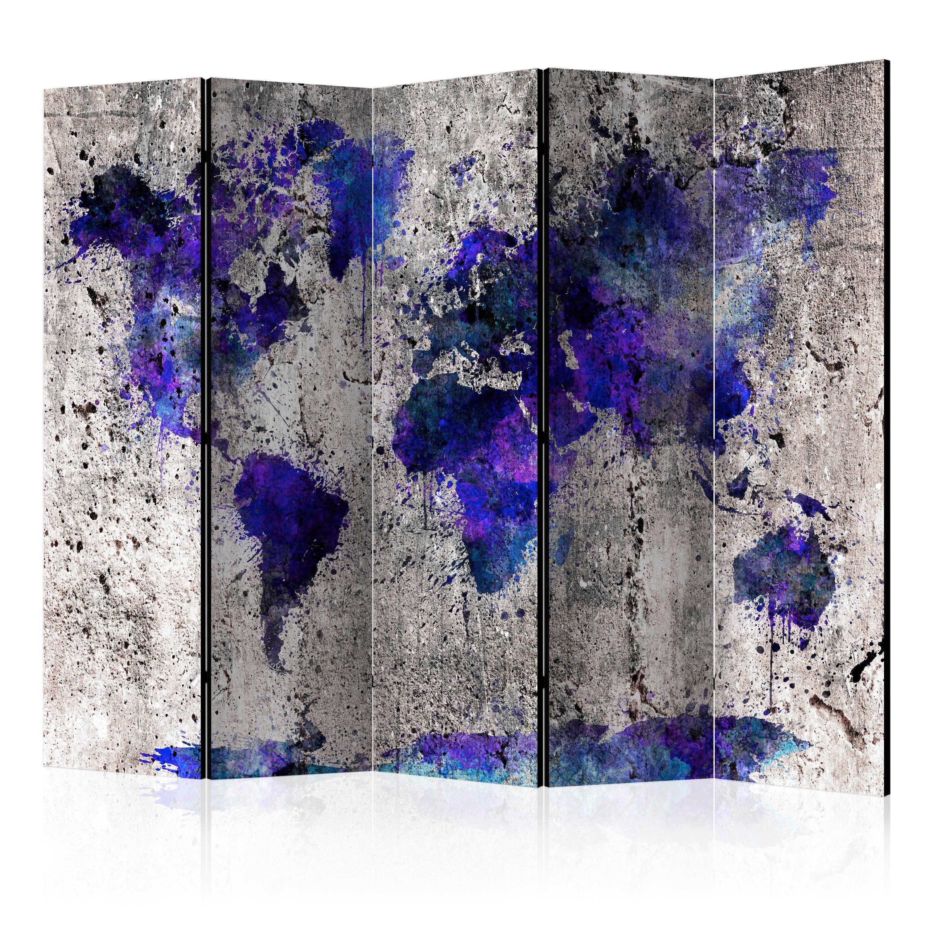 Paravan Inked World Map, 5-Delni, Dvostranski - vijolična/bež, Basics, tekstil/les (225/172/3cm) - artgeist