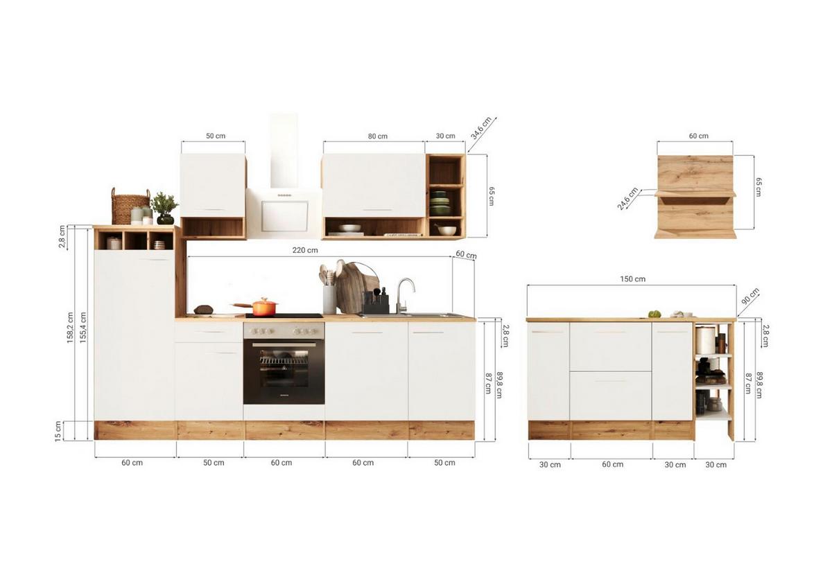 Küchenblock Hilde m. Insel m. Geräten ca.280cm Weiß/Eiche - Wildeiche/Alufarben, Design, Holzwerkstoff/Metall (280-150cm) - Respekta