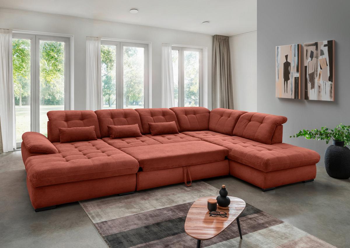 Wohnlandschaft Rigatti Koralle Cord mit Bettkasten - Koralle/Schwarz, MODERN, Textil/Metall (184/387/252cm) - Livetastic