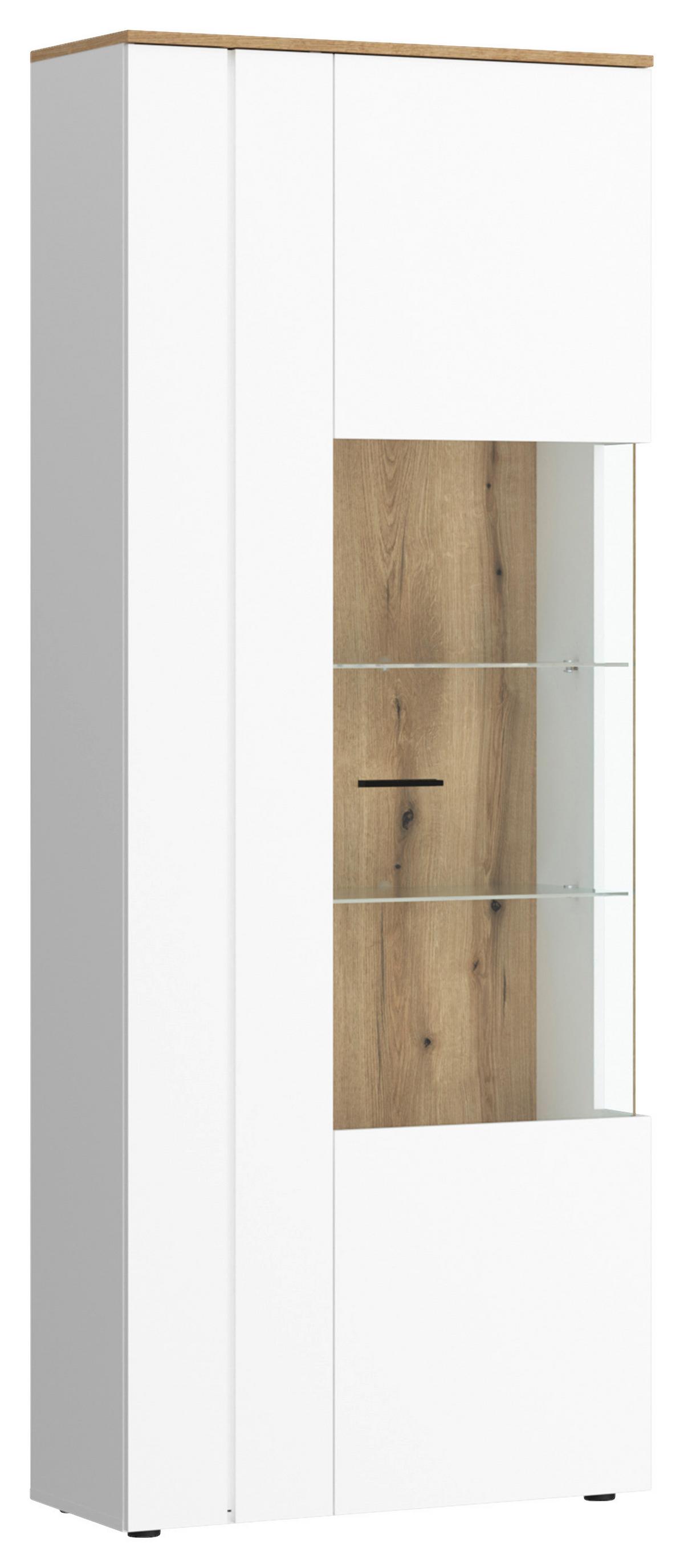 Vitrină DALANO - alb/culoare lemn stejar, Trend, sticlă/material pe bază de lemn (77,7/201,8/37,2cm) - Modern Living