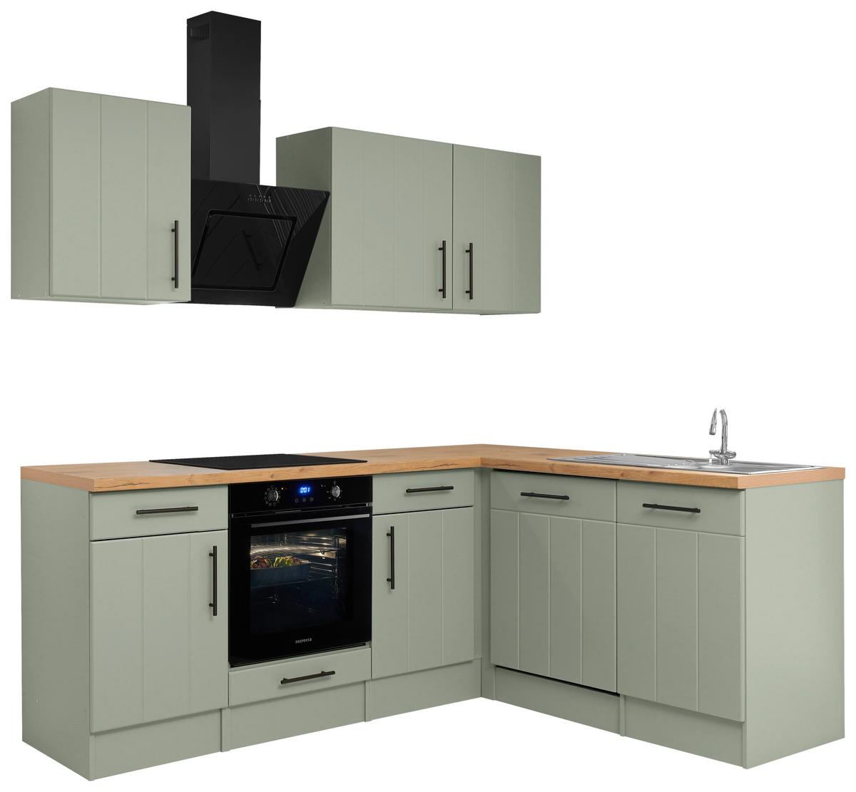 Eckküche Anton m. Geräte ca. 220x172cm Eiche/Schilfgrün - Schilfgrün/Wildeiche, Trend, Holzwerkstoff/Metall (220/172cm) - Respekta