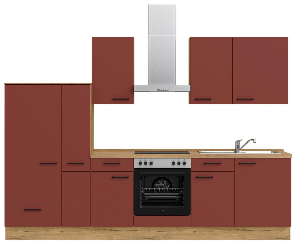 Küchenblock Easytouch Low m. Geräten Dunkelrot - Eichefarben/Schwarz, MODERN, Holzwerkstoff/Metall (300cm) - Nobilia