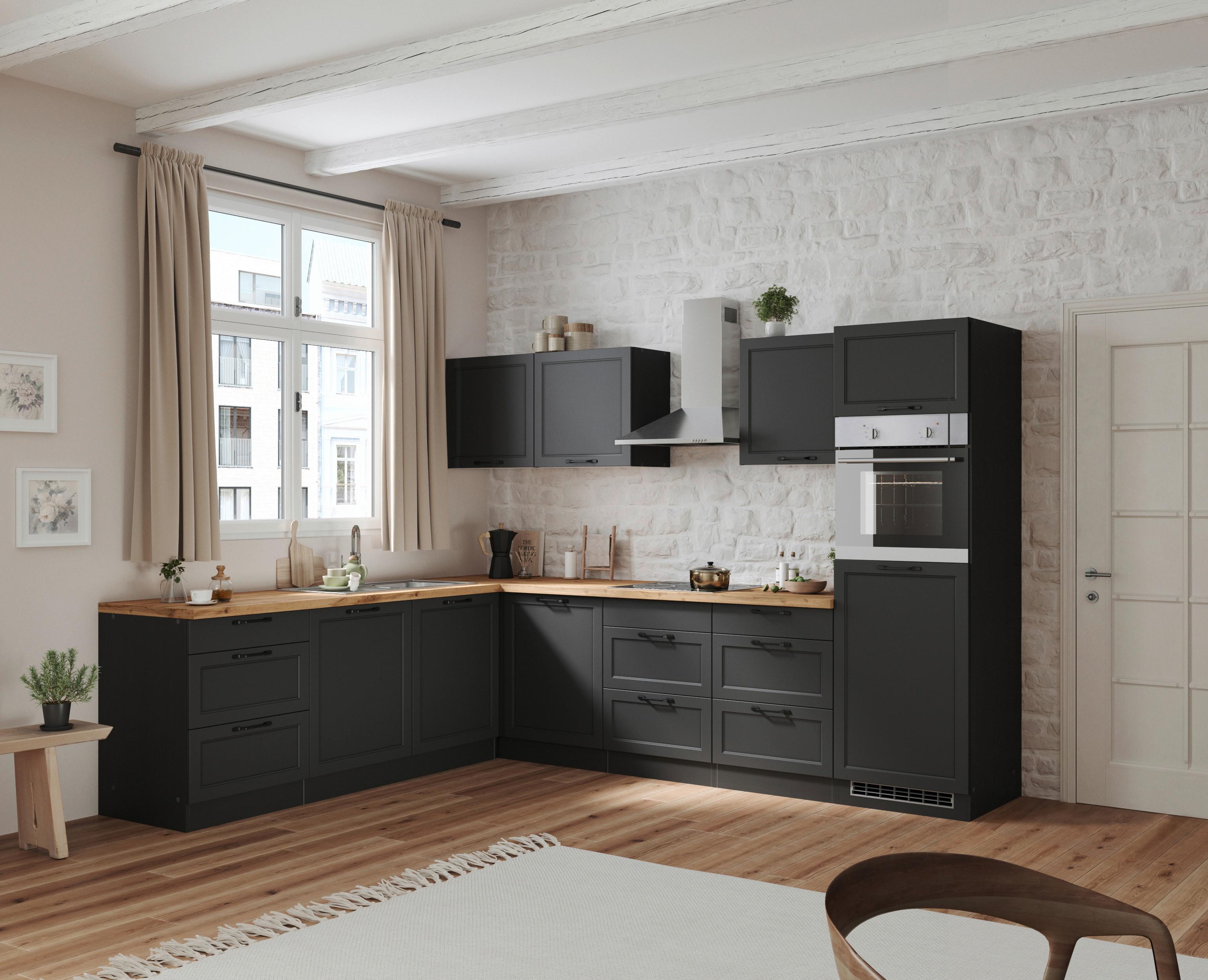 Eckküche Meran mit Geräten ca. 240x300 Grau/Eiche - Eiche Wotan/Schwarz, LIFESTYLE, Holzwerkstoff/Metall (240/300cm) - Held