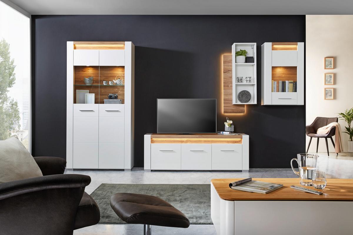 Vitrine in Weiß Hochglanz - Chromfarben/Eichefarben, MODERN, Glas/Holzwerkstoff (100/201/40cm) - Mömax