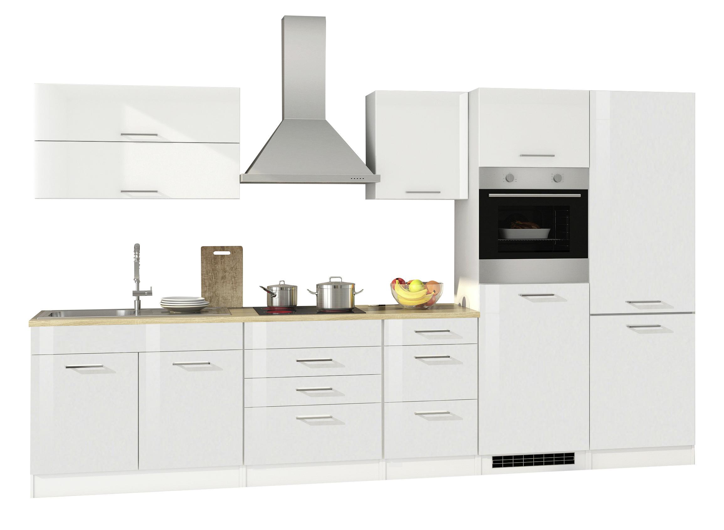 Küchenblock in Weiss inkl. E-Geräte 'Mailand' - Chromfarben/Weiß Hochglanz, Basics, Holzwerkstoff/Metall (350cm) - Held
