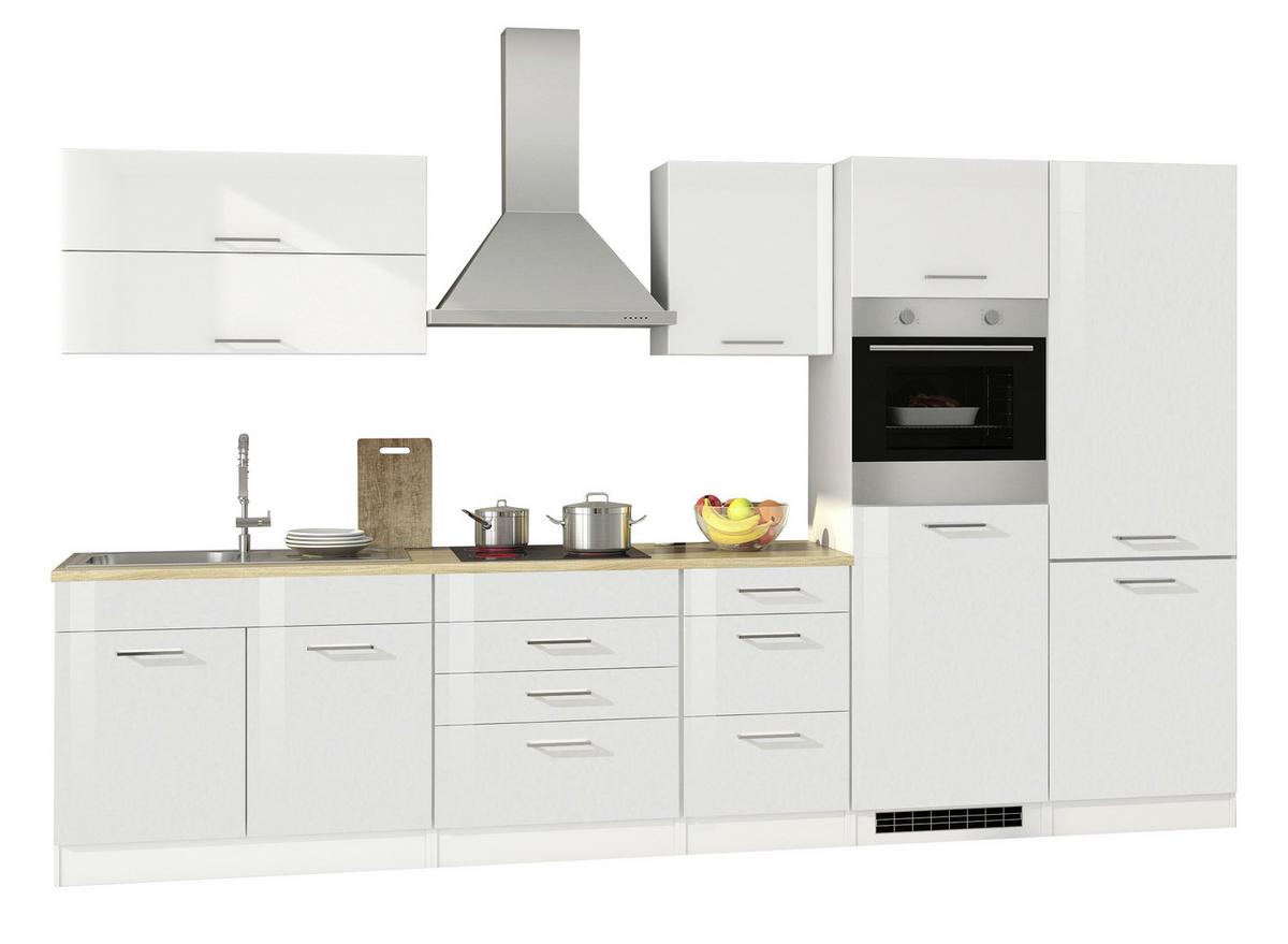 Küchenblock in Weiss inkl. E-Geräte 'Mailand' - Chromfarben/Weiß Hochglanz, Basics, Holzwerkstoff/Metall (350cm) - Held