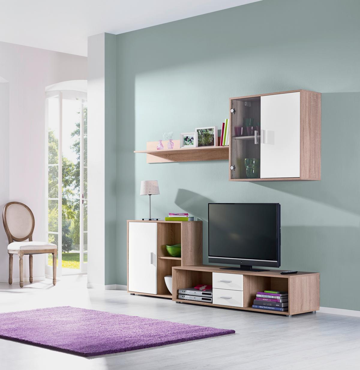 Wohnwand in Eichefarben - Weiss/Alufarben, Konventionell, Glas/Holz (218/190/42cm) - Based