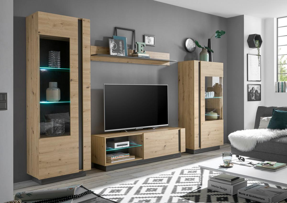 Wohnwand Clair Graphitfarben/Eiche Artisan - Graphitfarben/Eiche Artisan, Design, Glas/Holzwerkstoff (290/194/40cm) - MID.YOU