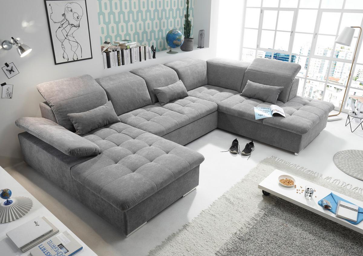 Wohnlandschaft Wayne U inkl. Kissen Grau - Silberfarben/Grau, KONVENTIONELL, Kunststoff/Textil (188/340/240cm) - MID.YOU