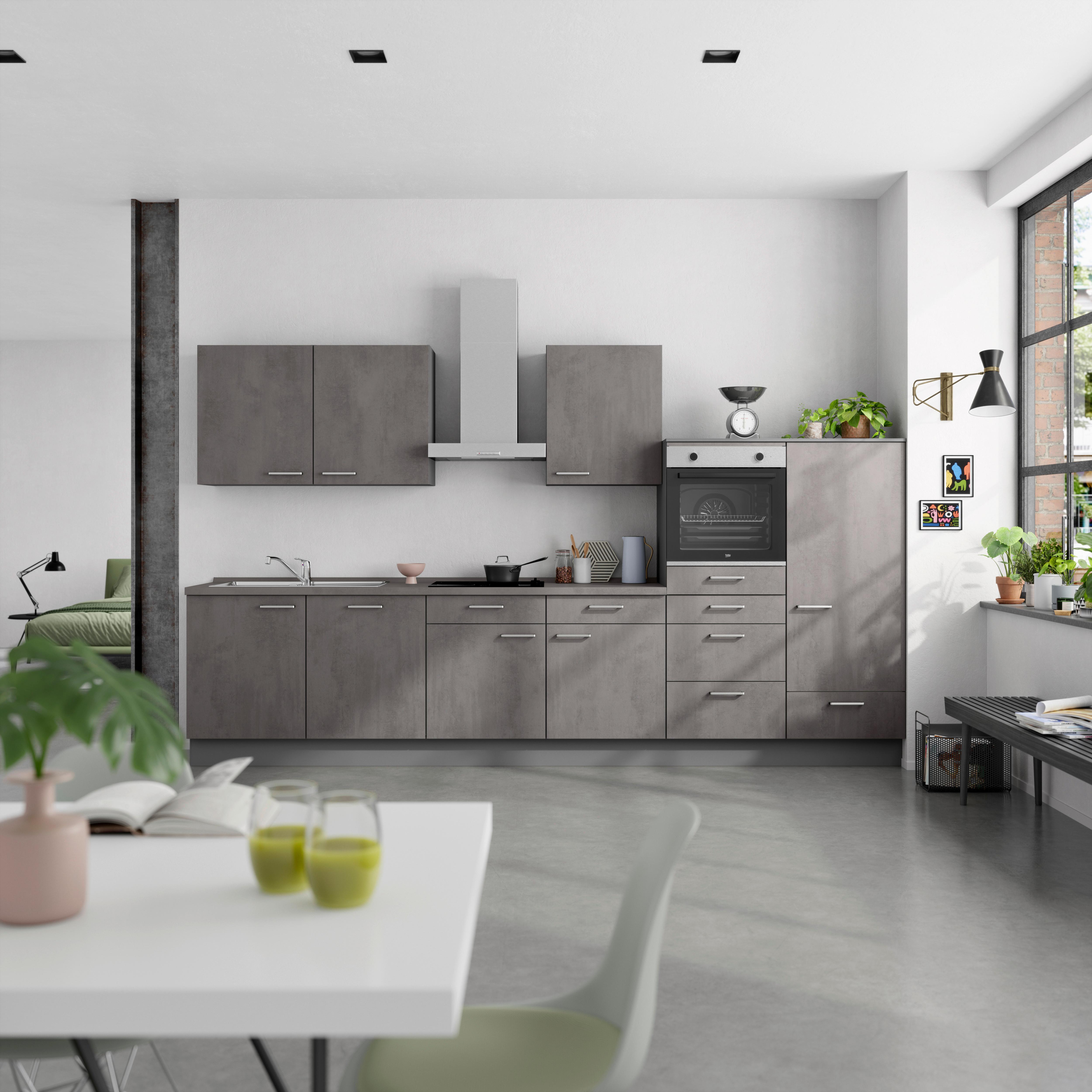 Küchenblock Riva Low m. Geräten Schieferfarben - Schieferfarben/Edelstahlfarben, MODERN, Holzwerkstoff/Metall (360cm) - Nobilia