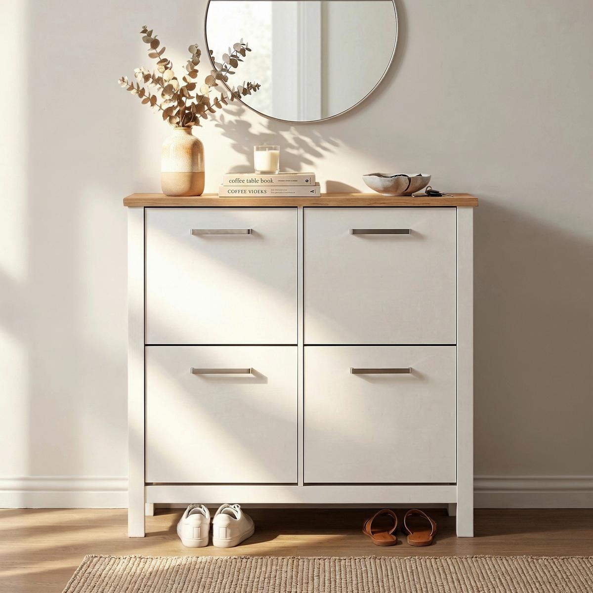 Schuhkipper Sicilia Weiß/Eiche - Weiß/Eiche Artisan, ROMANTIK / LANDHAUS, Holzwerkstoff (113/109/30cm) - Mömax