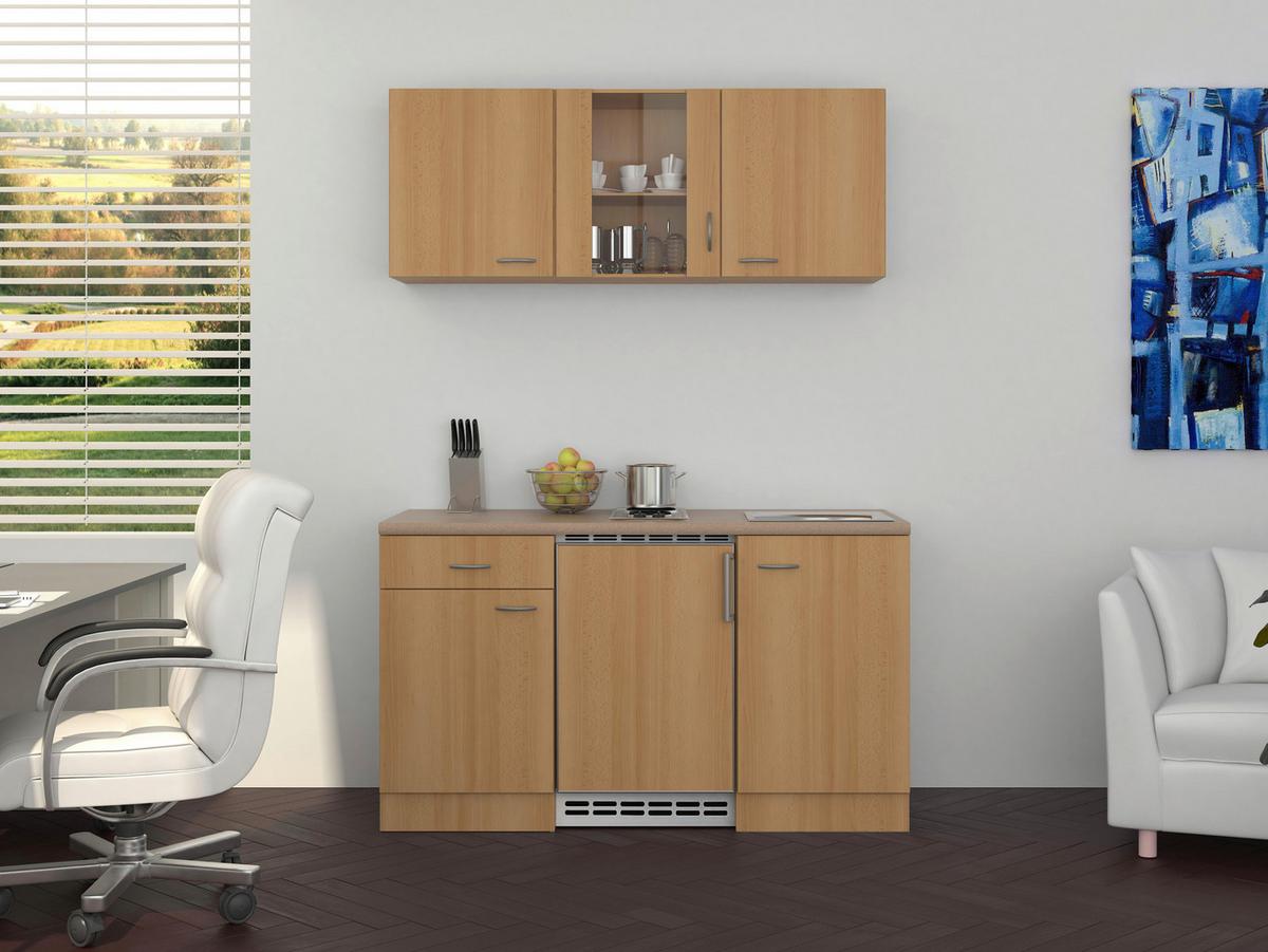 Miniküche Nano m. Geräten B: ca. 150cm Buchefarben - Edelstahlfarben/Beige, MODERN, Glas/Holzwerkstoff (150cm) - FlexWell