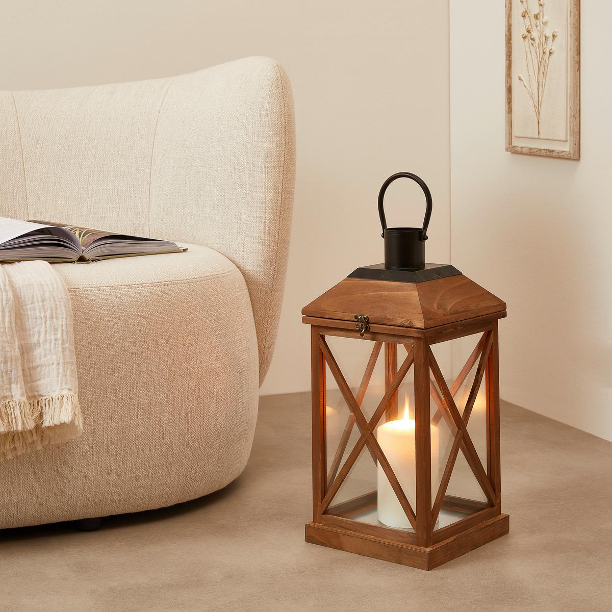 LATARNIA ML-3695S - czarny/brązowy, Lifestyle, metal/drewno (24/50,5/24cm) - Ambia Home