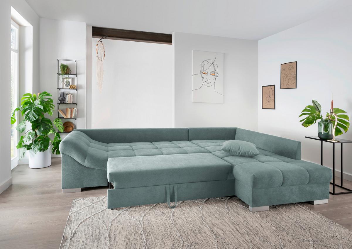 Wohnlandschaft Alvito Mintgrün Nylon/Mikrofaser - Silberfarben/Mintgrün, Design, Holz/Textil (298/202cm) - MID.YOU