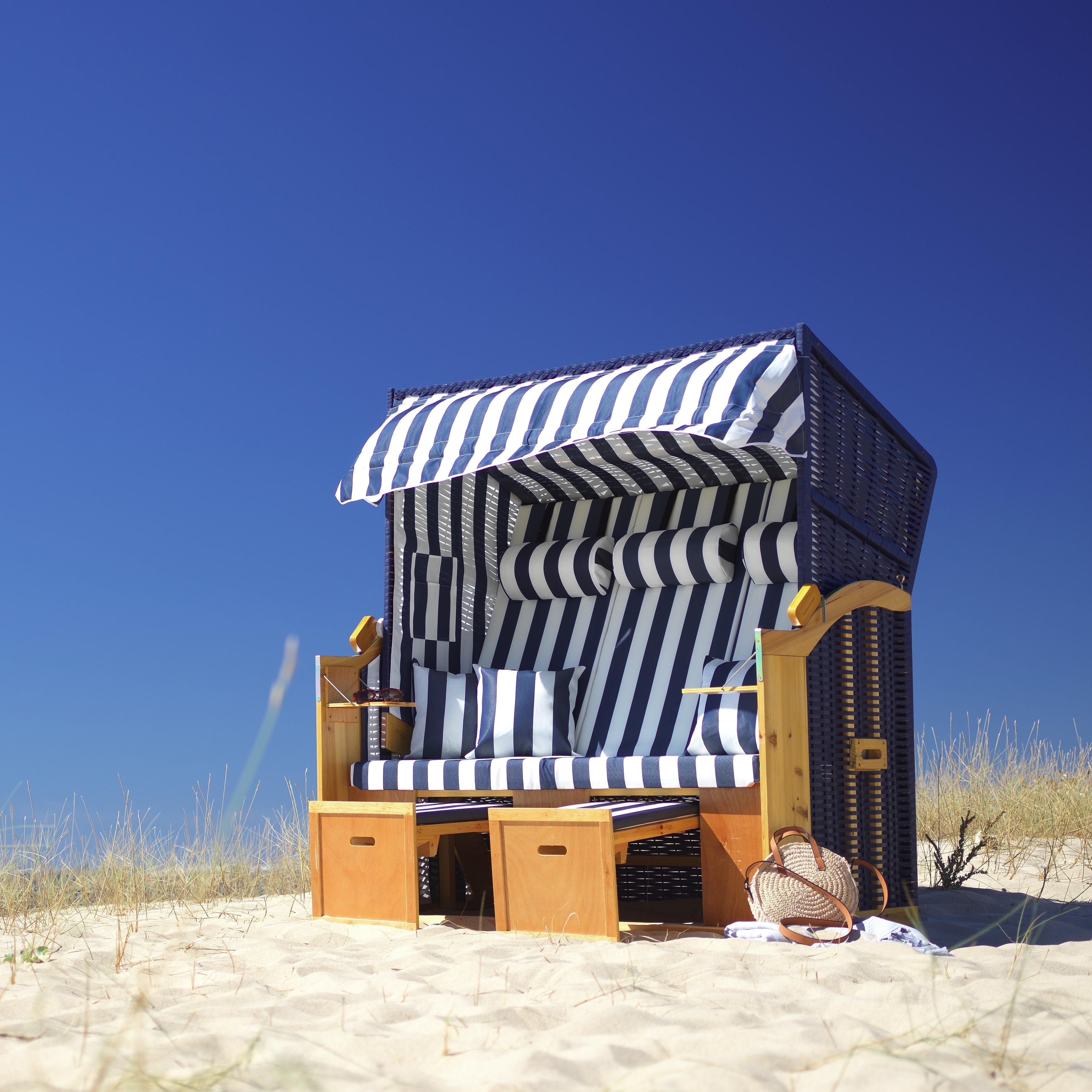 Strandkorb Sissi inkl. Abdeckung - Blau/Weiß, MODERN, Holz/Kunststoff (154/160/79cm) - Bessagi Garden