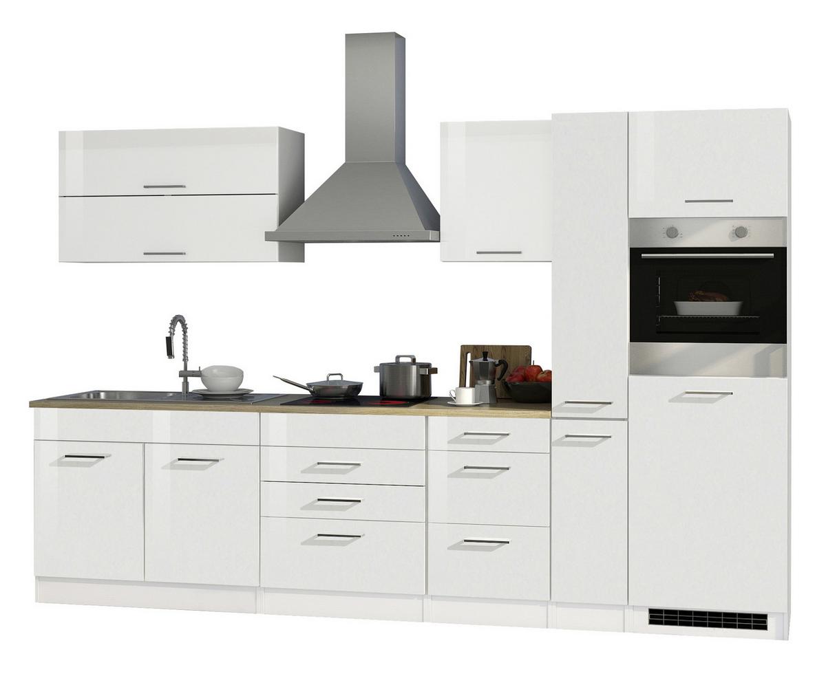Küchenblock in Weiss inkl. E-Geräte 'Mailand' - Chromfarben/Weiß Hochglanz, MODERN, Holzwerkstoff/Metall (320cm) - Held
