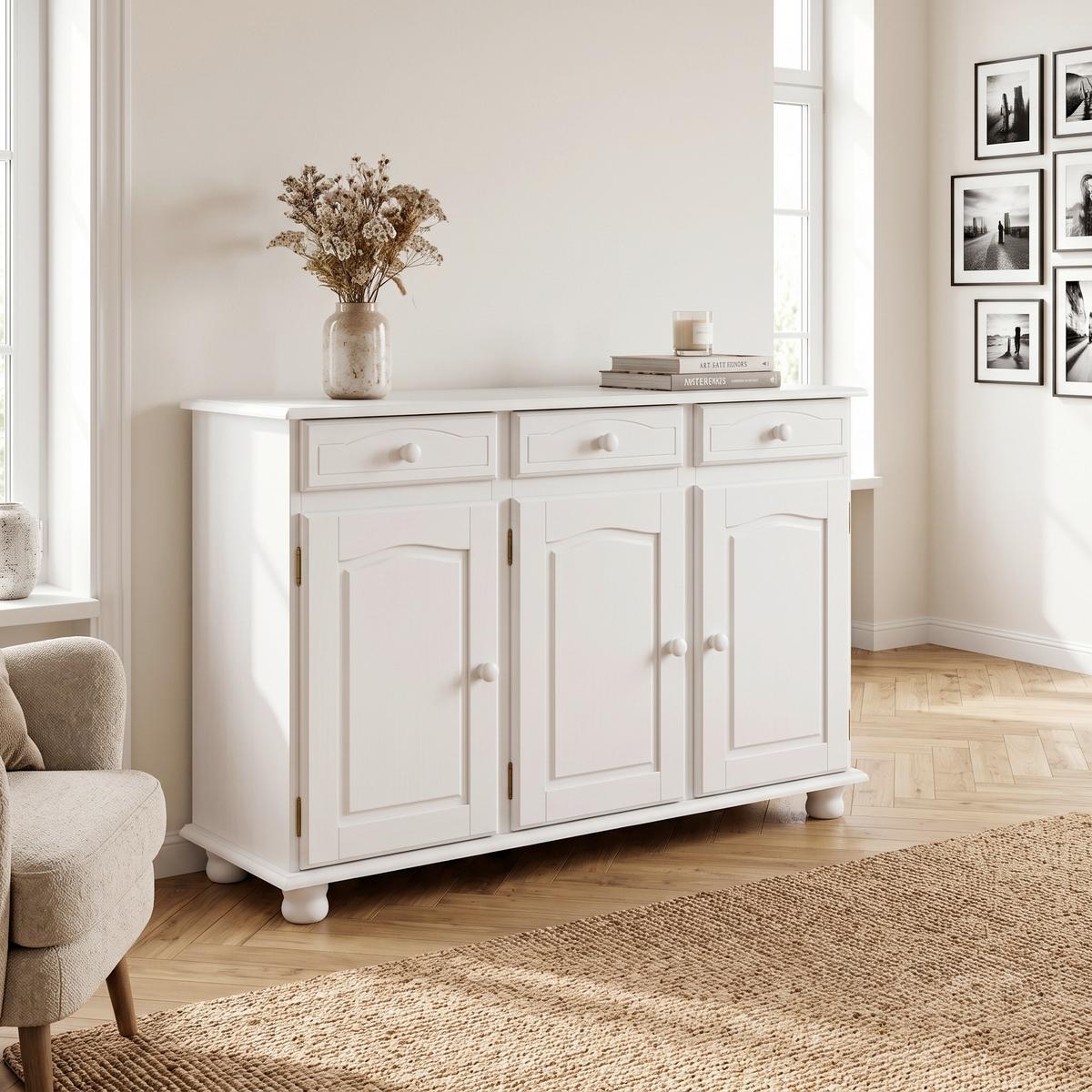 Komoda Livio, Bela, Masiven Bor - bela, Trendi, les (130/87/43cm) - Livetastic