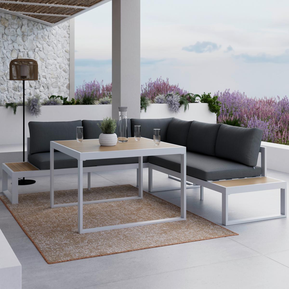 Dining-Loungeset Veneya Grau Outdoorstof/Metall/Polywood - Hellgrau/Naturfarben, MODERN, Kunststoff/Textil - Bessagi Garden