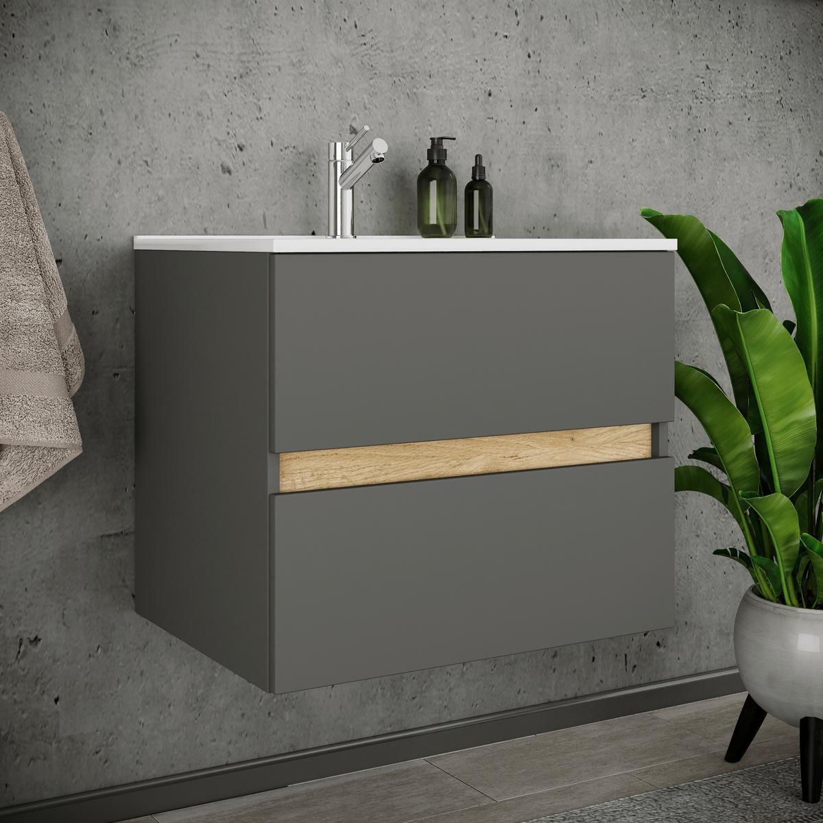 Badezimmer Cosila - Honigeiche/Weiss, Trend, Keramik/Holzwerkstoff (61/51/47cm) - MID.YOU