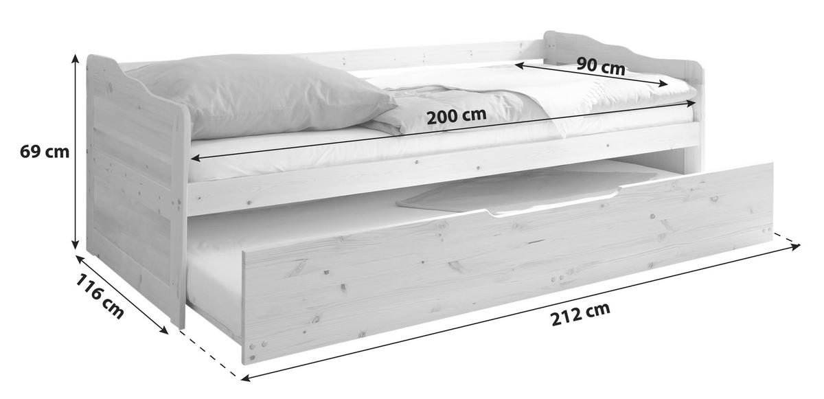 Ausziehbett "Marianne", aus Kiefer, weiß - Weiß, Natur, Holz/Kunststoff (90/200cm) - MID.YOU