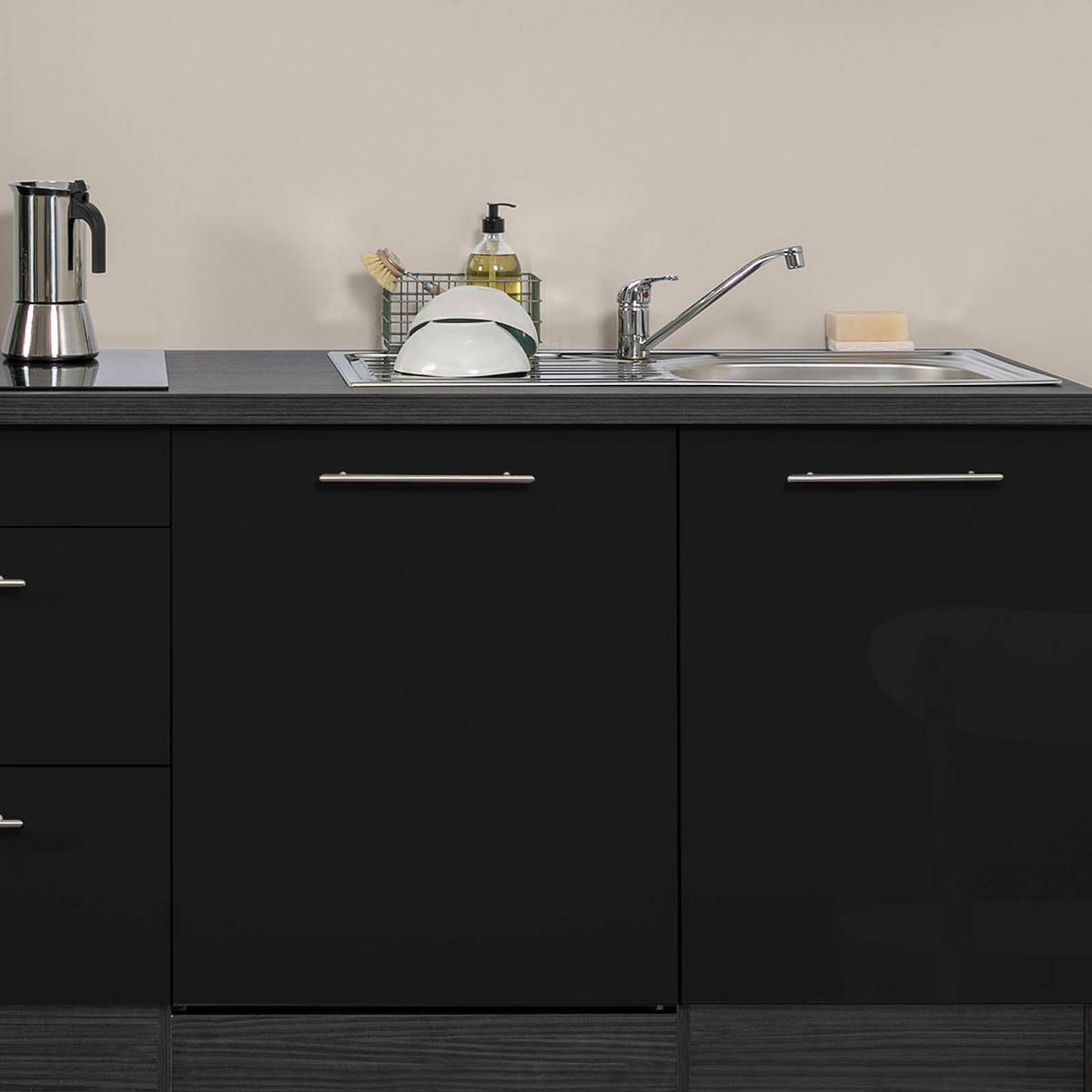 Küchenzeile mit Geräte Schwarz Hochgl/Eiche Grau B: ca. 280cm - Edelstahlfarben/Eichefarben, Basics, Holzwerkstoff/Metall (280cm) - Respekta