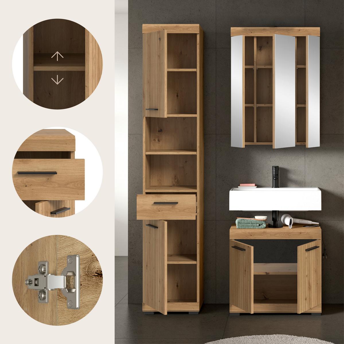 Badezimmer Scout Eiche Artisan 3-teilig - Schwarz/Eiche Artisan, Trend, Glas/Holzwerkstoff (97cm) - MID.YOU