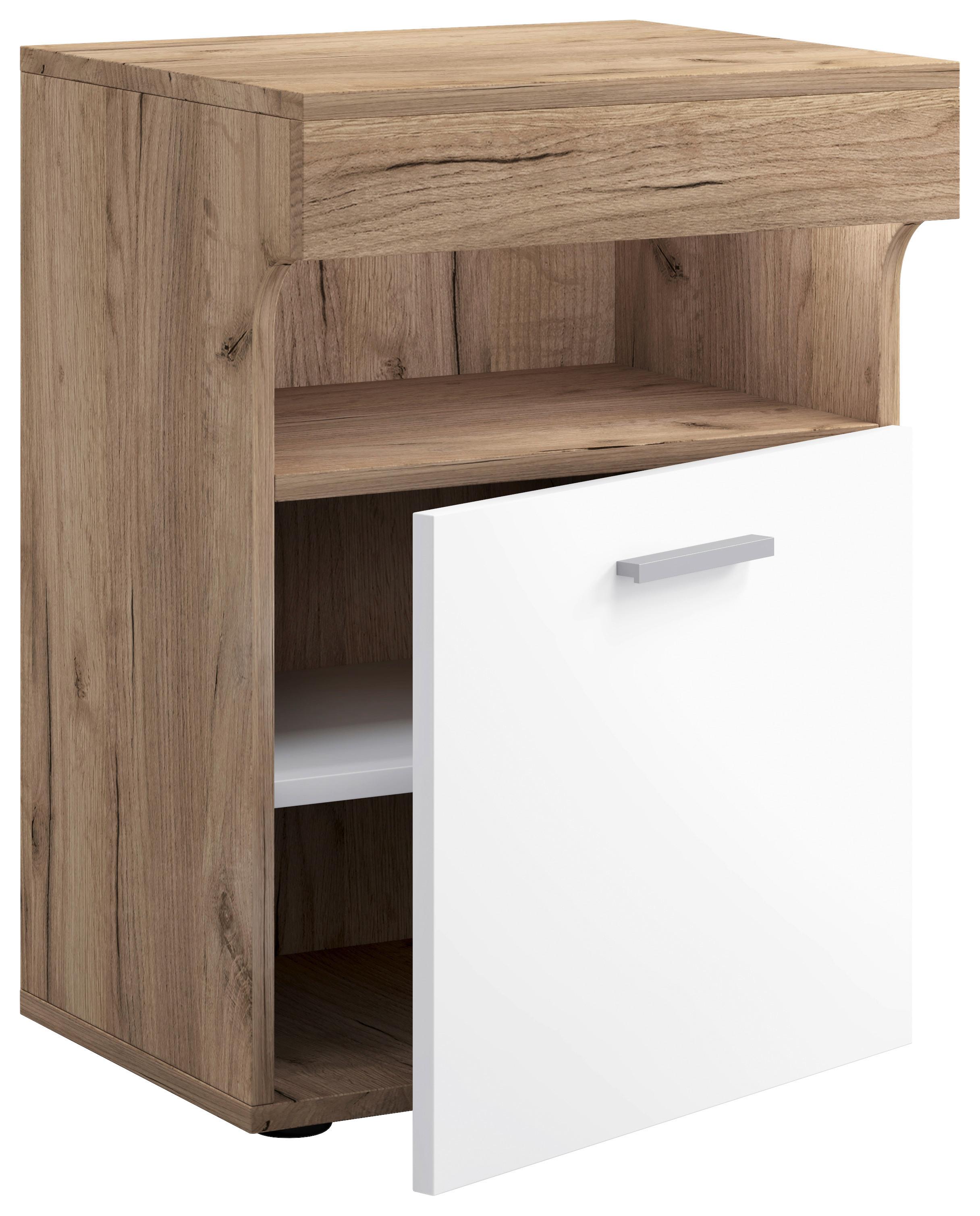 Nočna Omarica Slepal M, Barva Hrasta, Bela - srebrne barve/črna, Moderno, umetna masa/leseni material (45/61/39cm) - MID.YOU