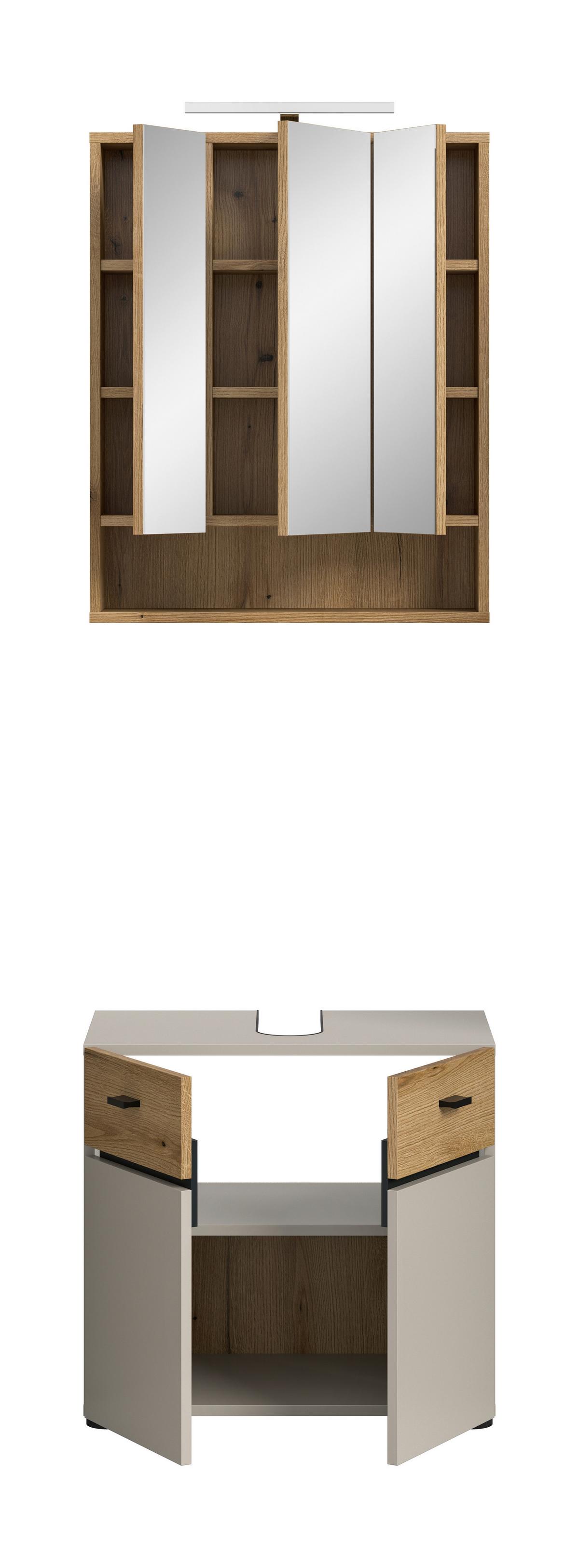 Badezimmer Aqua Eichefarben/Kaschmir 2-teilig - Kaschmir/Eichefarben, Trend, Glas/Holzwerkstoff (60cm) - MID.YOU