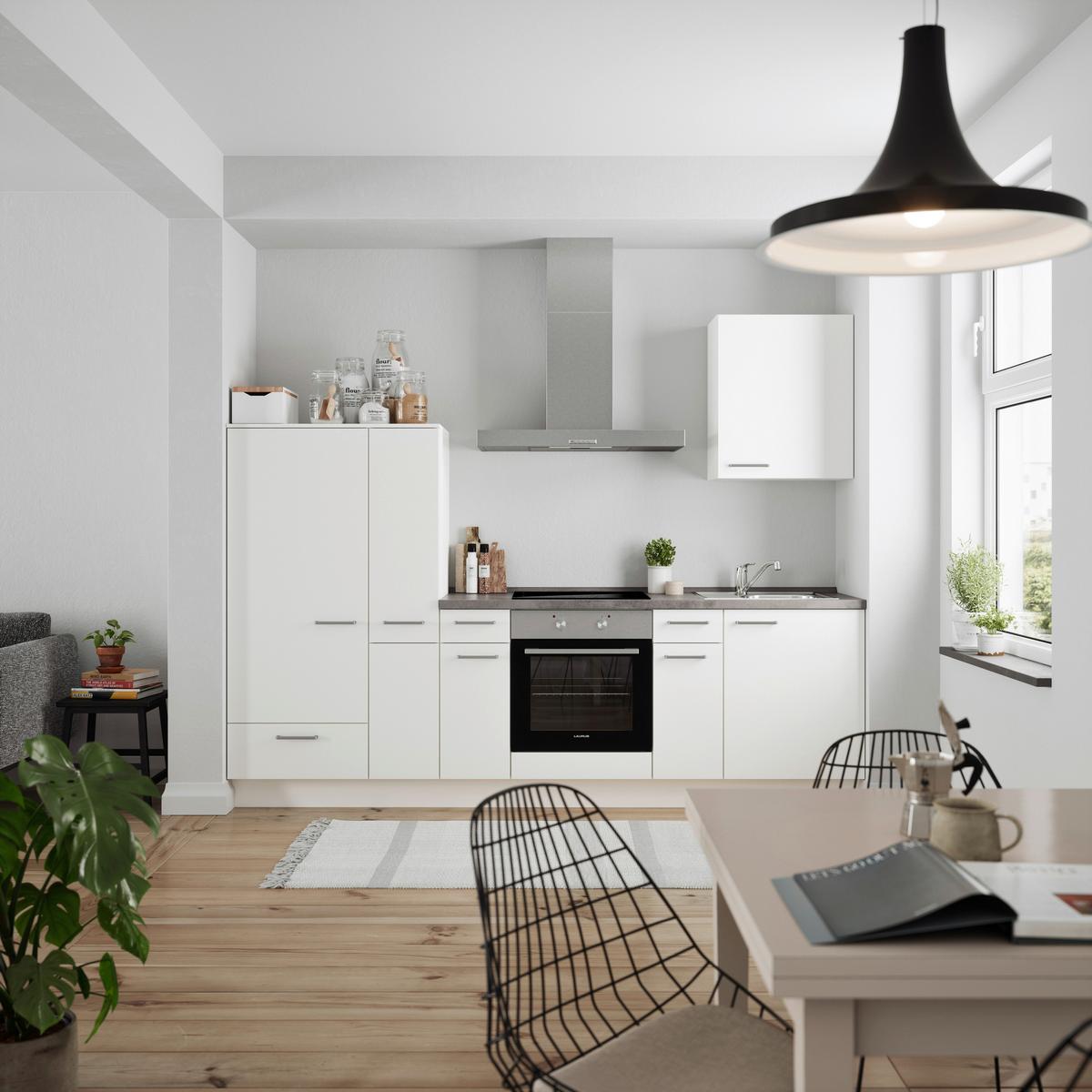 Küchenblock Touch Low m. Geräten Weiß - Schieferfarben/Edelstahlfarben, MODERN, Holzwerkstoff/Metall (270cm) - Nobilia