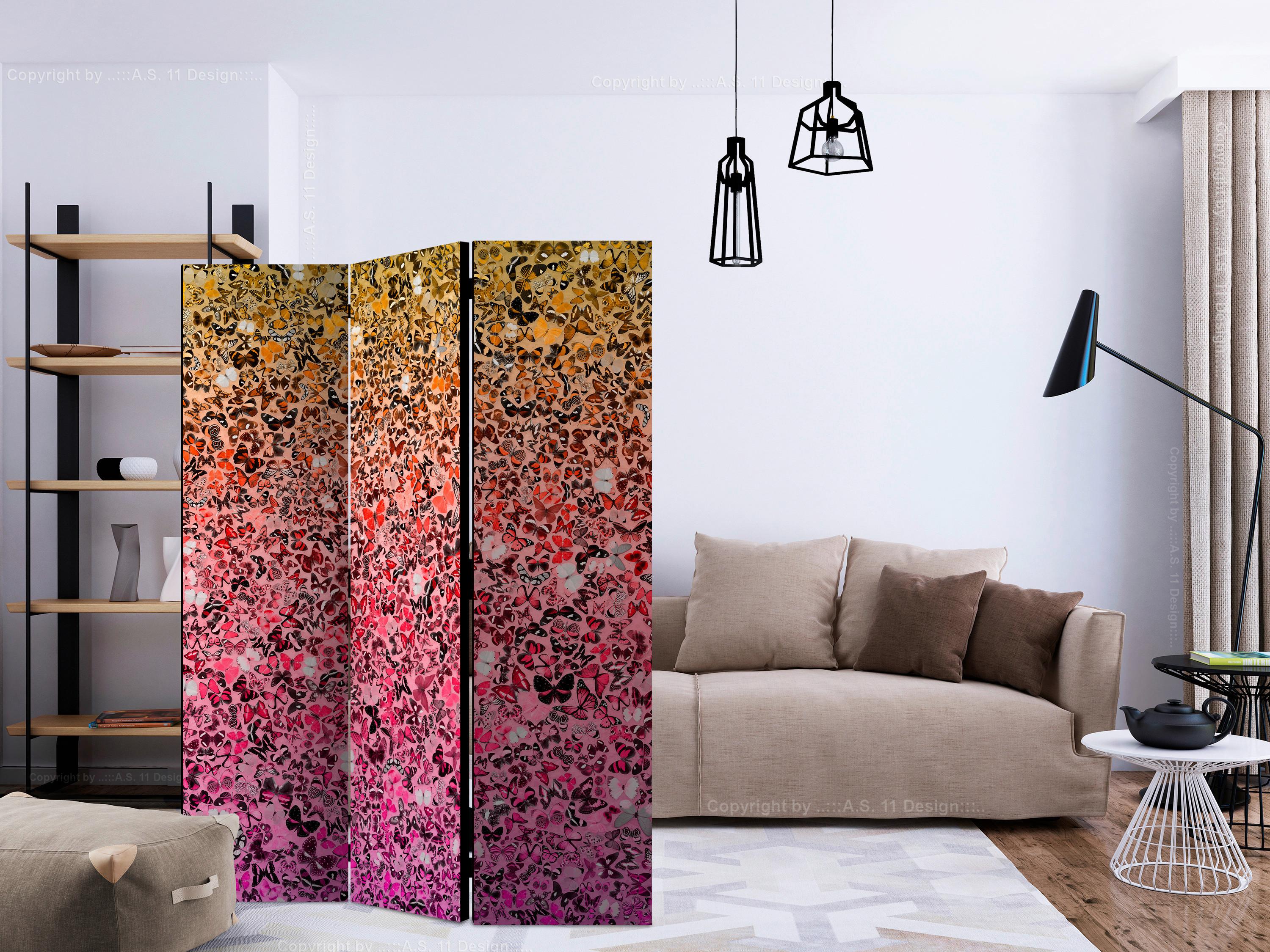 Paravan Butterflies, 3-Delni, Dvostranski - rumena/pink, Basics, tekstil/les (135/172/3cm) - artgeist