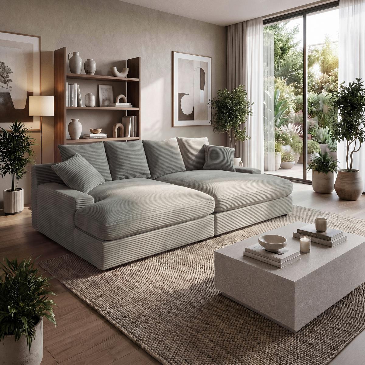 Big Sofa Loveseat Eleonora Hellgrau Cord - Hellgrau/Schwarz, MODERN, Holz/Kunststoff (250/97/168cm) - Bessagi Home