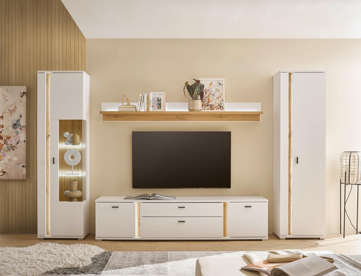 WOHNWAND LONG ISLAND - Eiche Wotan/Silberfarben, Design, Glas/Holzwerkstoff (330/200/42cm) - MID.YOU