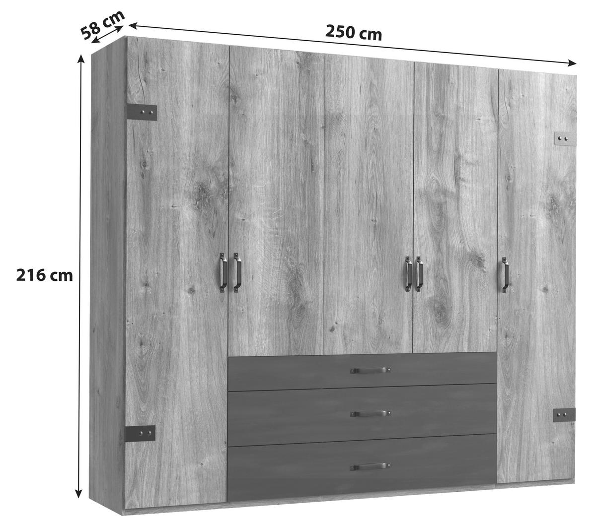 Ormar S Klasičnim Vratima Detroit - boje grafita/boje hrasta, Basics, drvni materijal/metal (250/216/58cm) - Modern Living