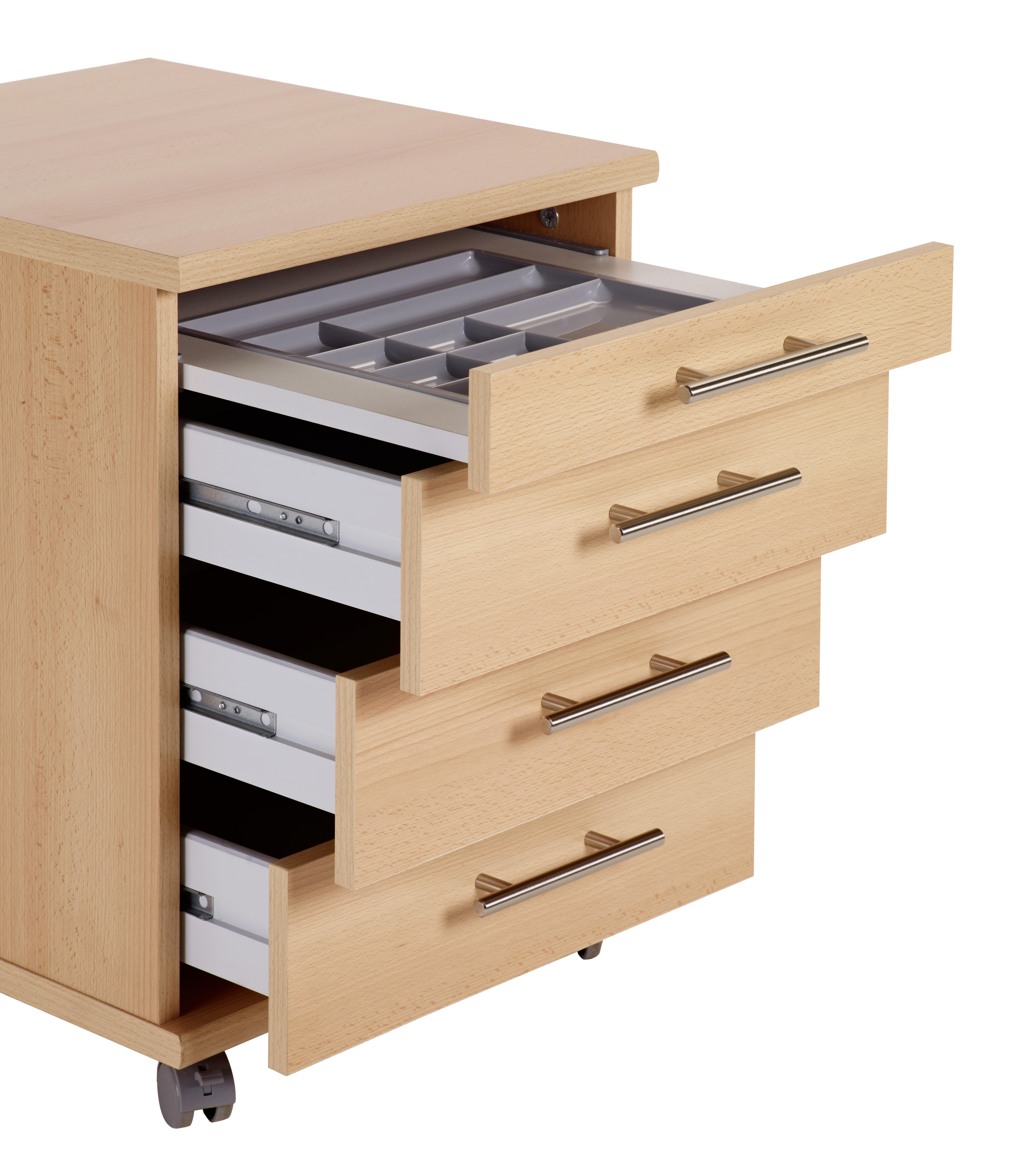 Rollcontainer "Serie 500" , buche - Silberfarben/Buchefarben, Basics, Holzwerkstoff/Kunststoff (41,6/56,9/50cm) - MID.YOU