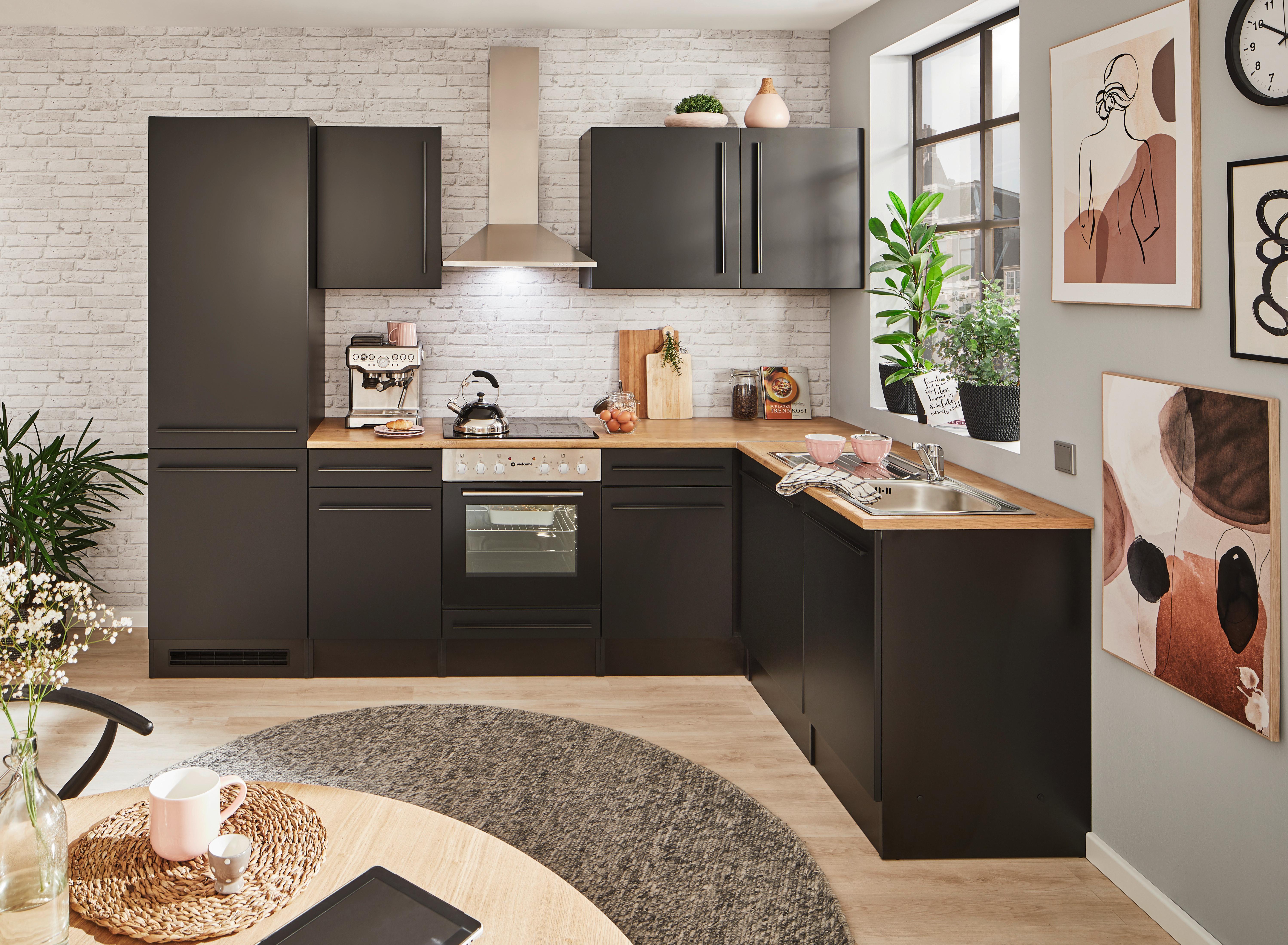 Eckküche Jazz mit Geräten ca.280x175cm Schwarz - Eichefarben/Schwarz, LIFESTYLE, Holzwerkstoff/Kunststoff (280/175cm) - P & B